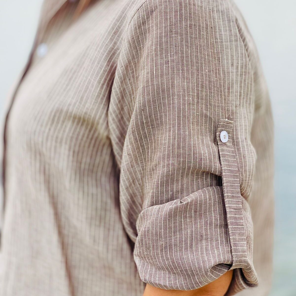 Set en lin marron à rayures blanches - Pantalon large et chemise ample