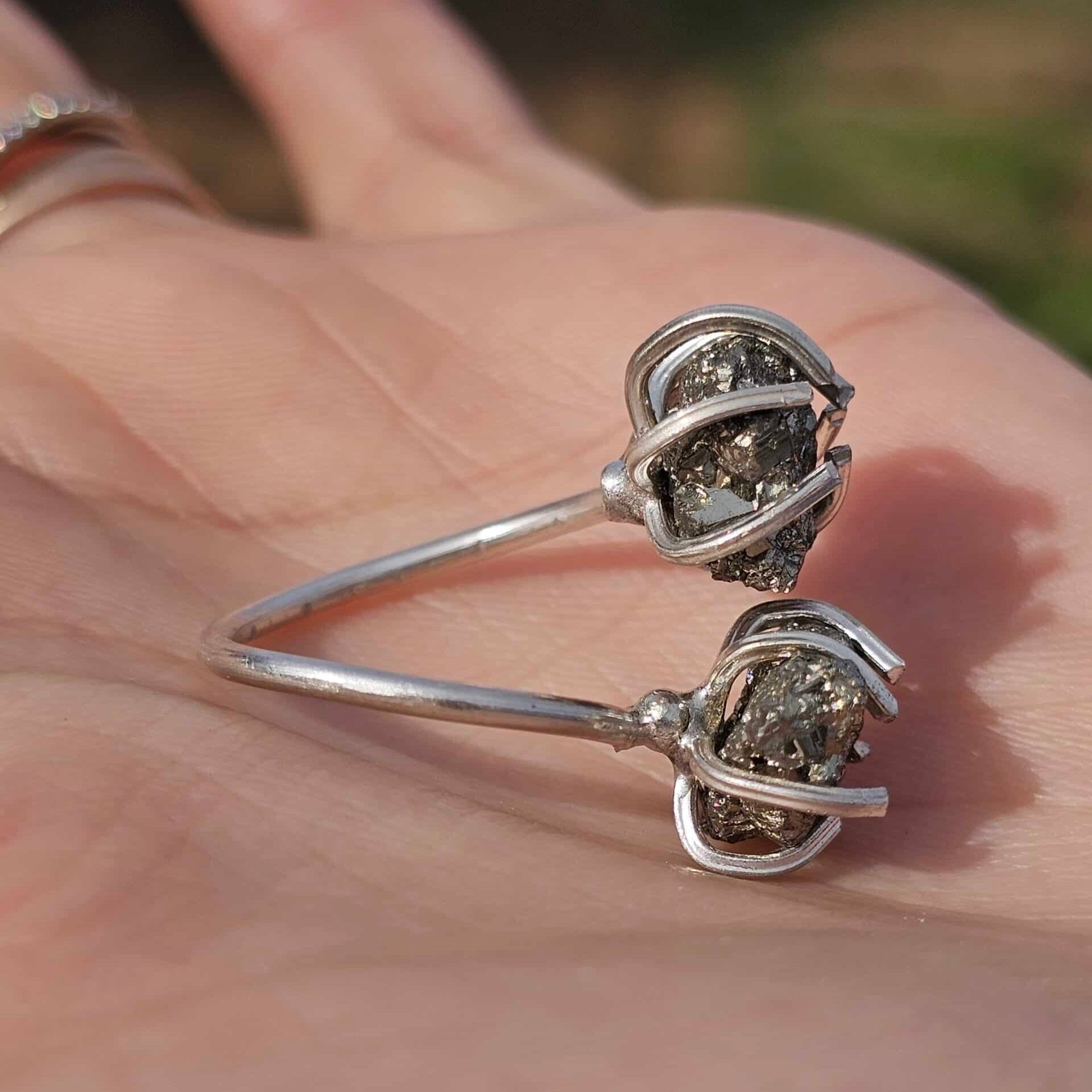 Bague ajustable en argent 925 avec double pyrite