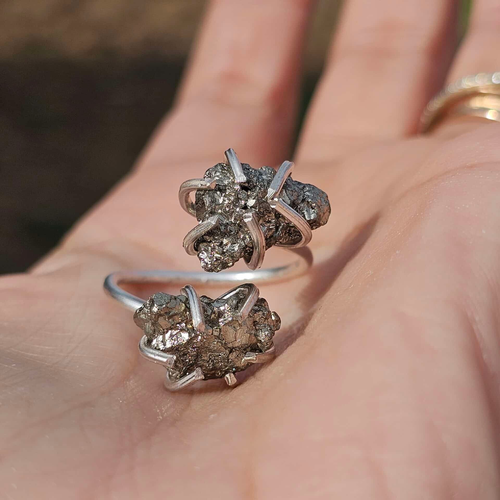 Bague ajustable en argent 925 avec double pyrite