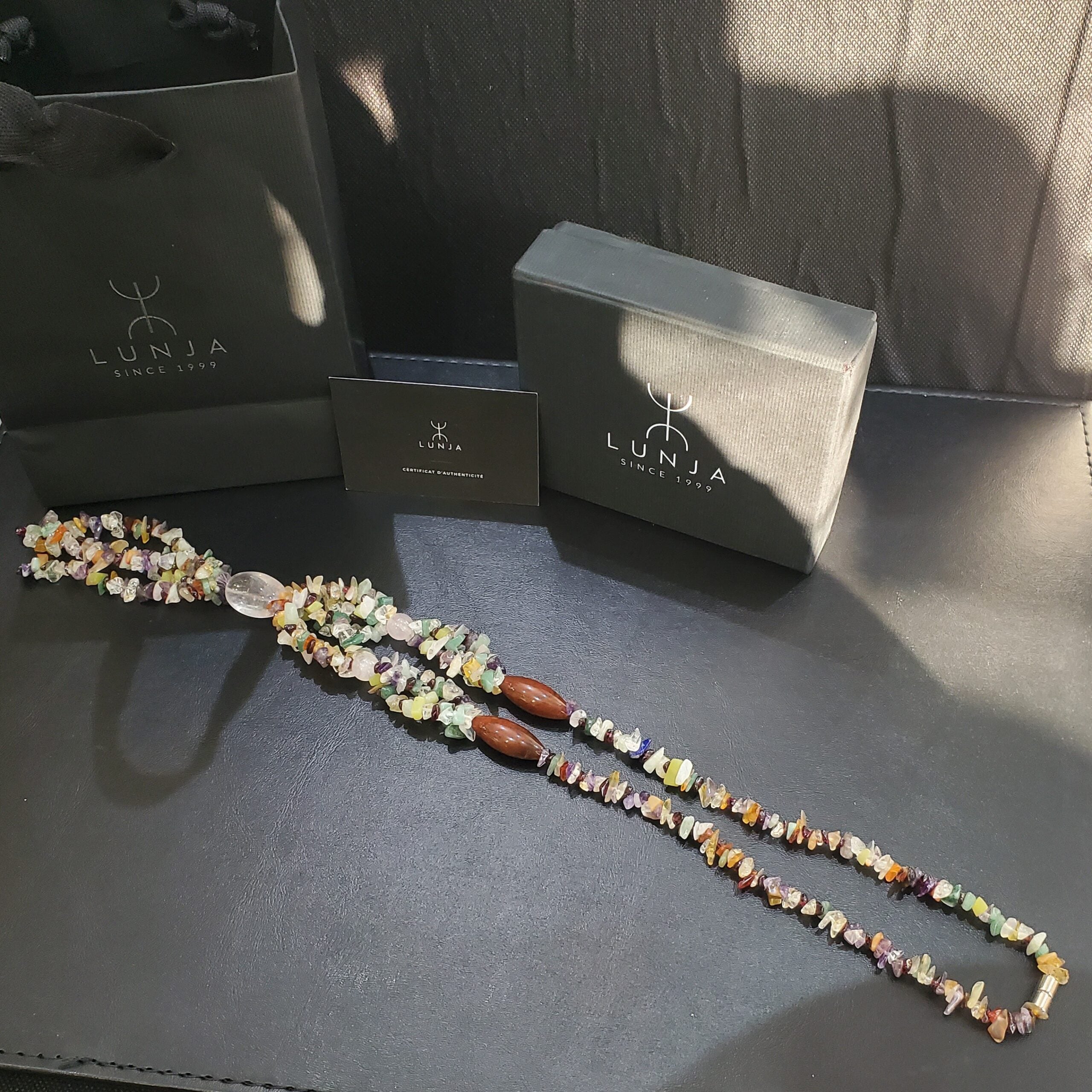 Collier énergétique en quartz rose, améthyste & cornaline (60 cm)