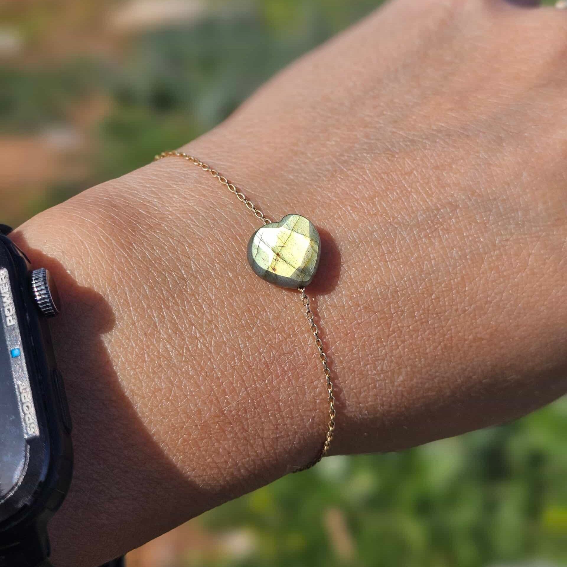 Bracelet en argent 925 plaqué en or 18 karats avec cœur Labradorite (18-23cm)