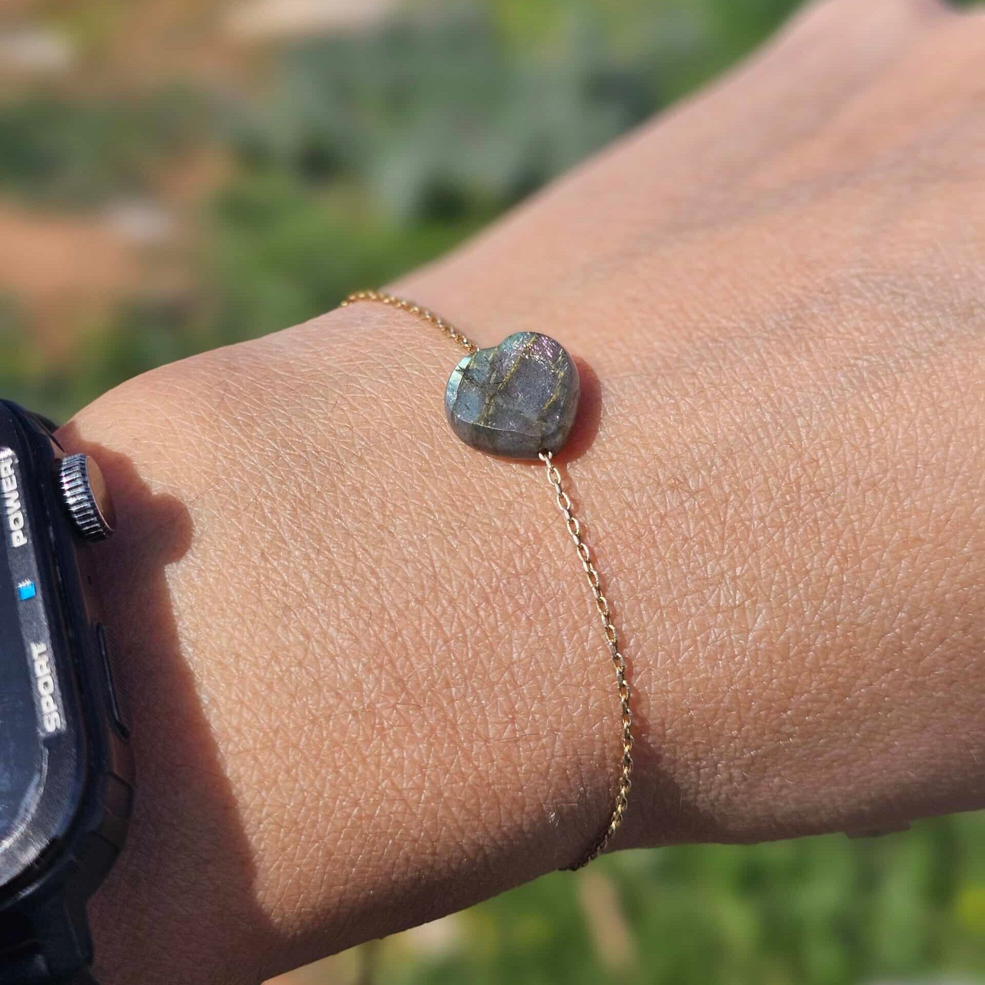 Bracelet en argent 925 plaqué en or 18 karats avec cœur Labradorite (18-23cm)