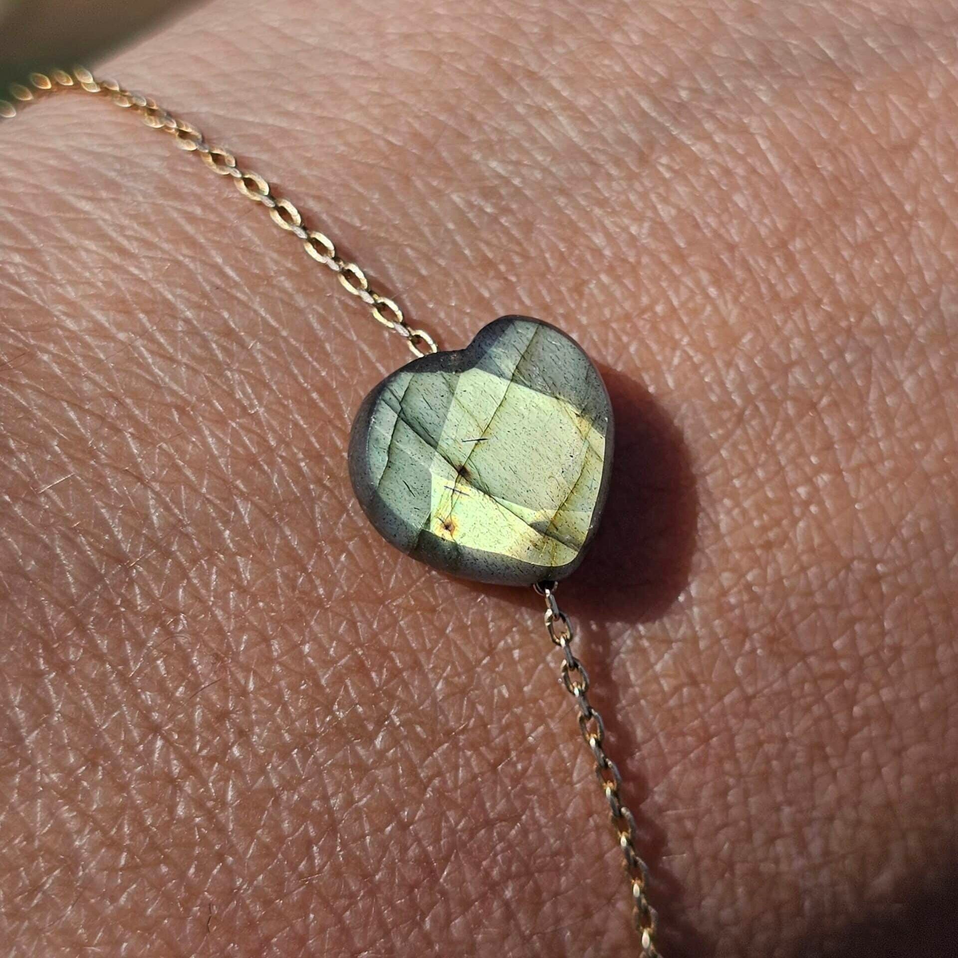 Bracelet en argent 925 plaqué en or 18 karats avec cœur Labradorite (18-23cm)