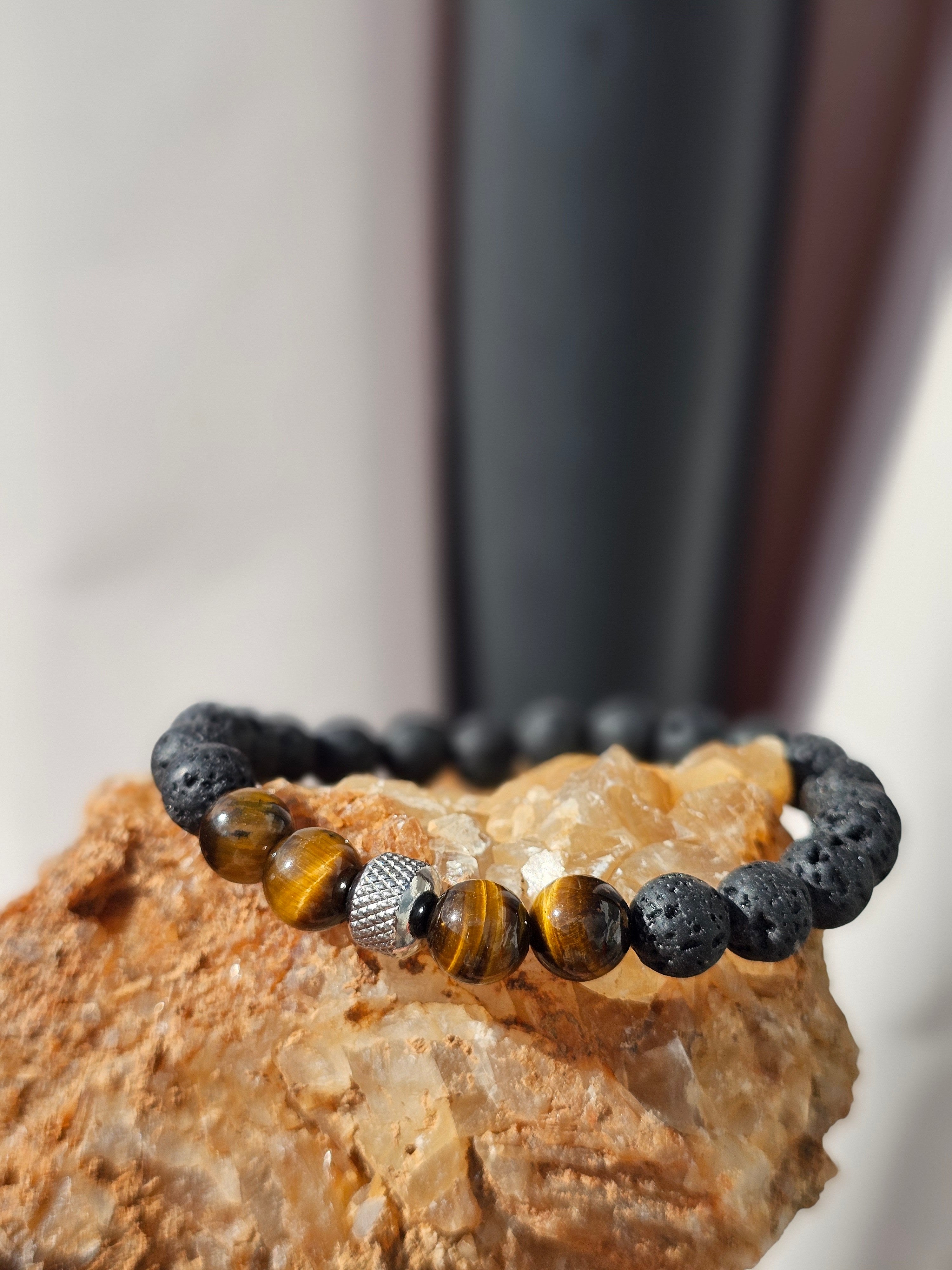 Bracelet élastique en œil de tigre et pierres volcaniques naturelles pour homme (standard)