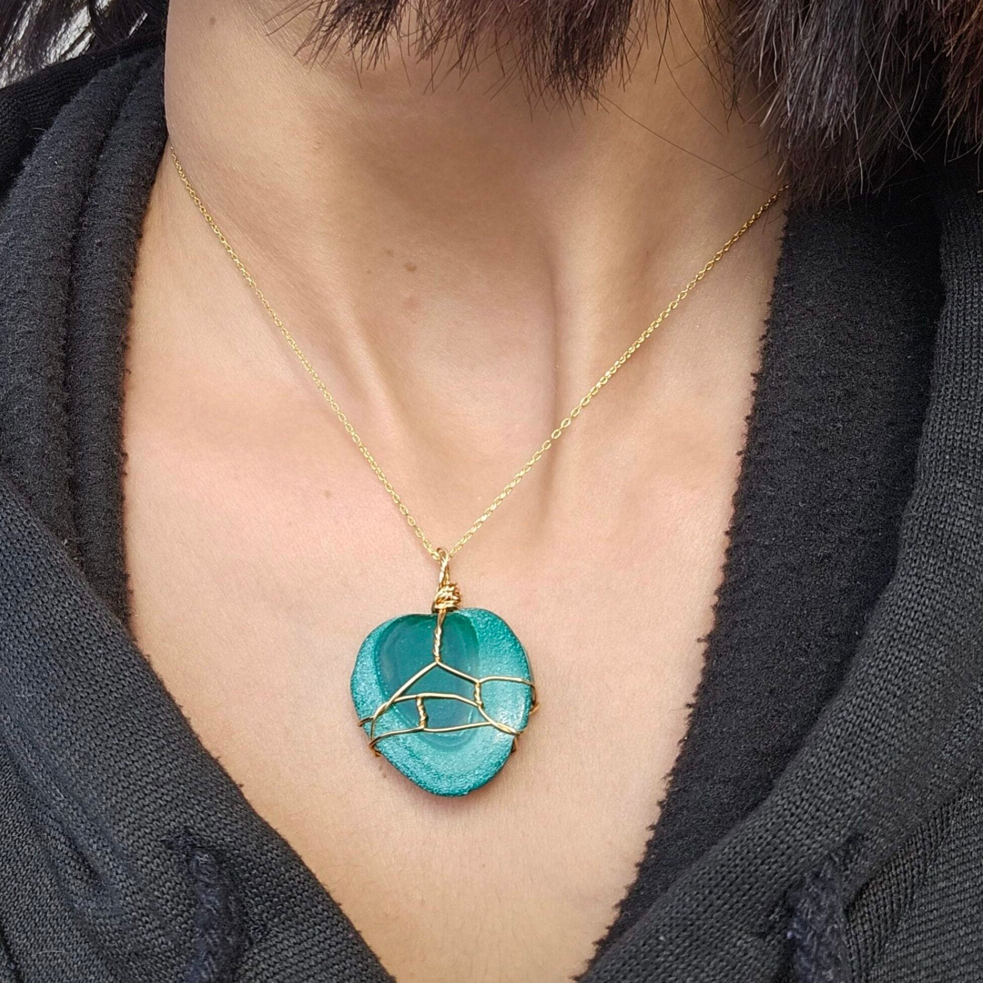 Collier malachites naturelle en argent 925 plaqué en or (45 cm)