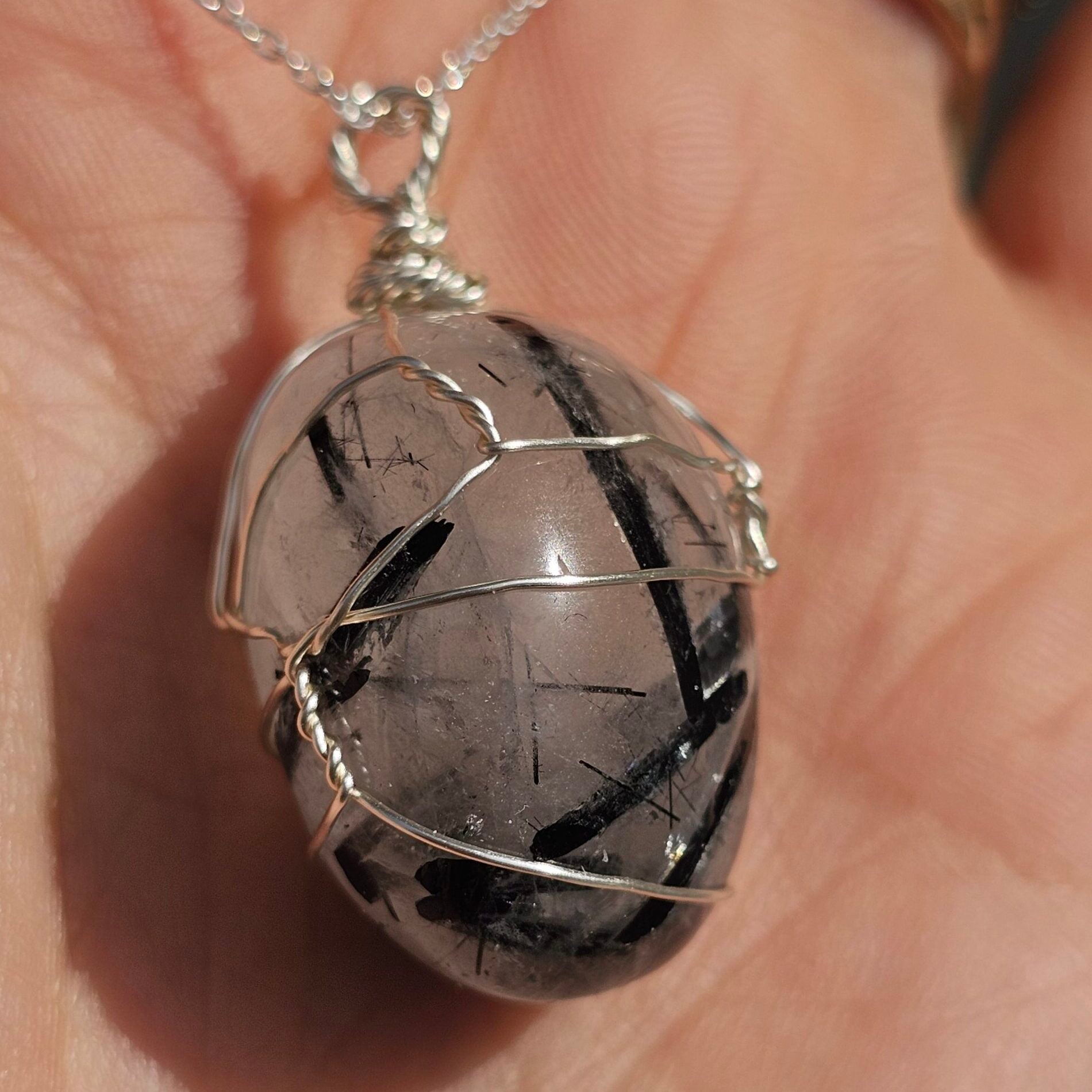 Collier en argent 925 avec pendentif en Quartz Rutile Noir( 45 cm)