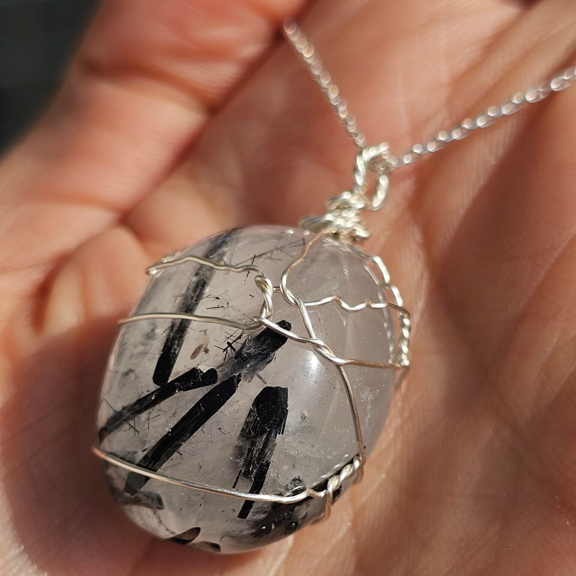 Collier en argent 925 avec pendentif en Quartz Rutile Noir( 45 cm)