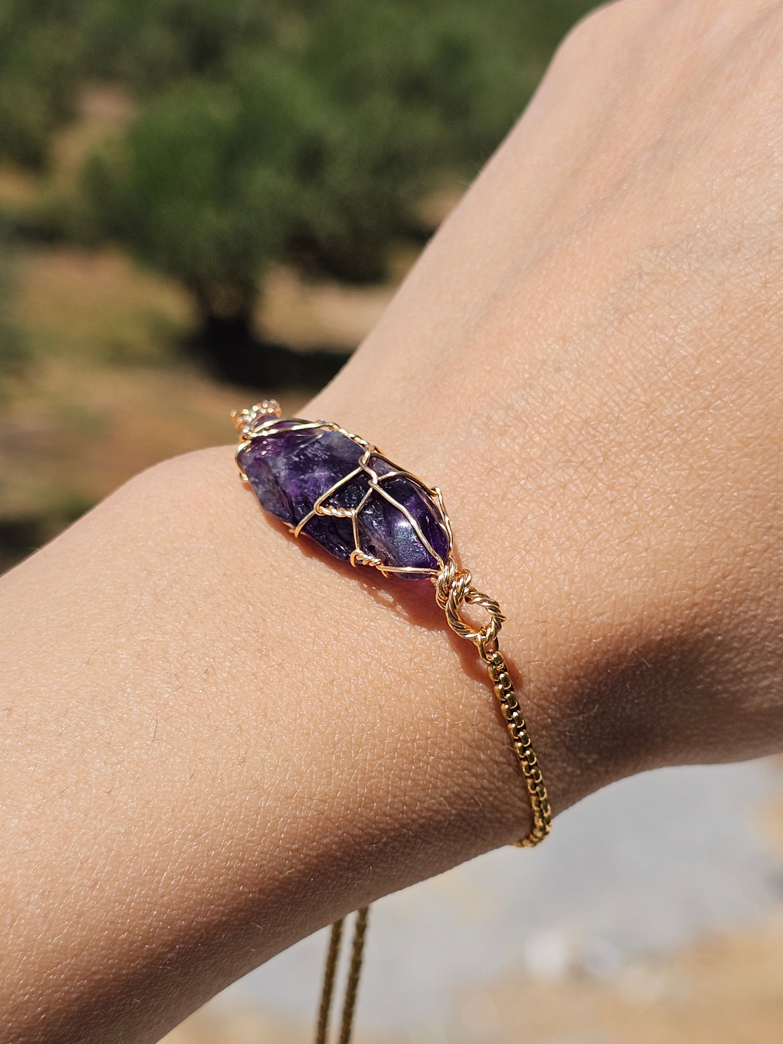 Bracelet Améthyste brute ajustable – Acier inoxydable