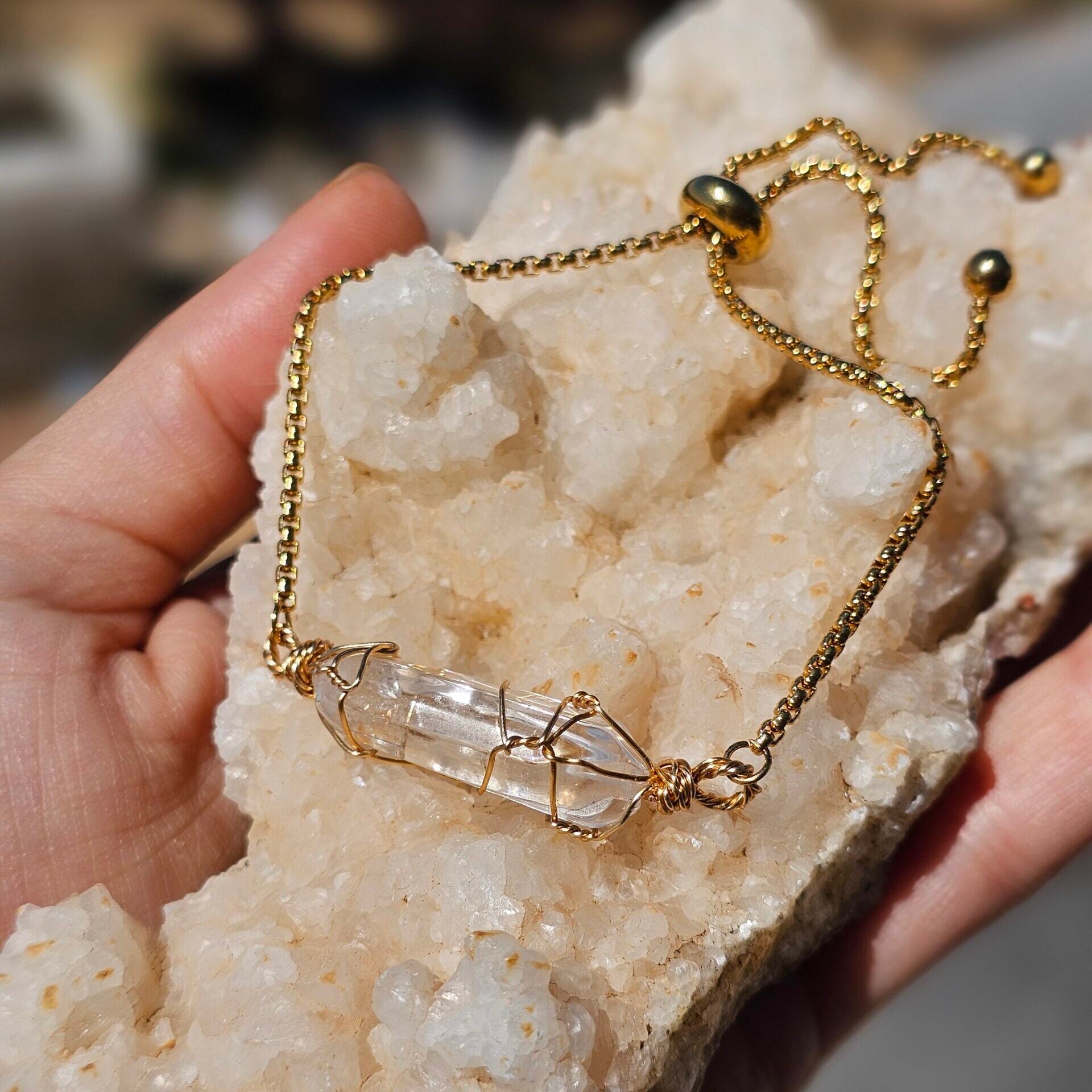 Bracelet Clear Quartz brut ajustable – Acier inoxydable