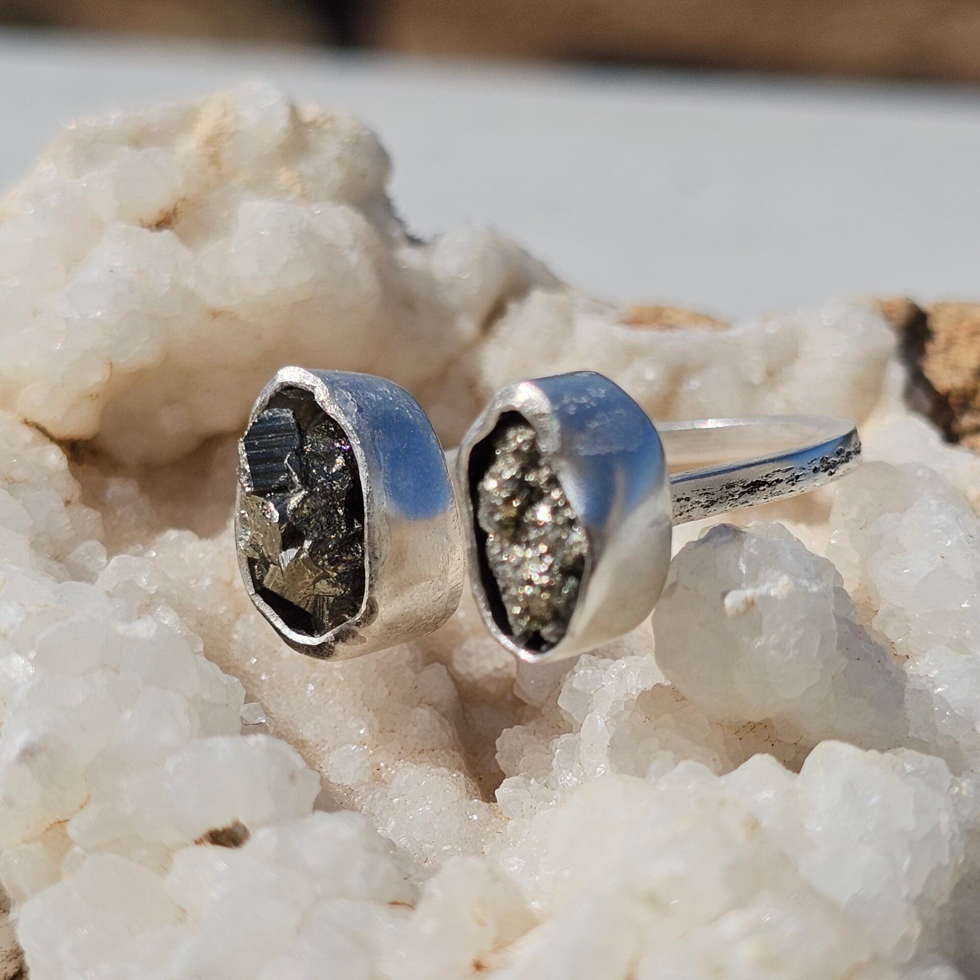 Bague Pyrite double ajustable en argent 925 massif