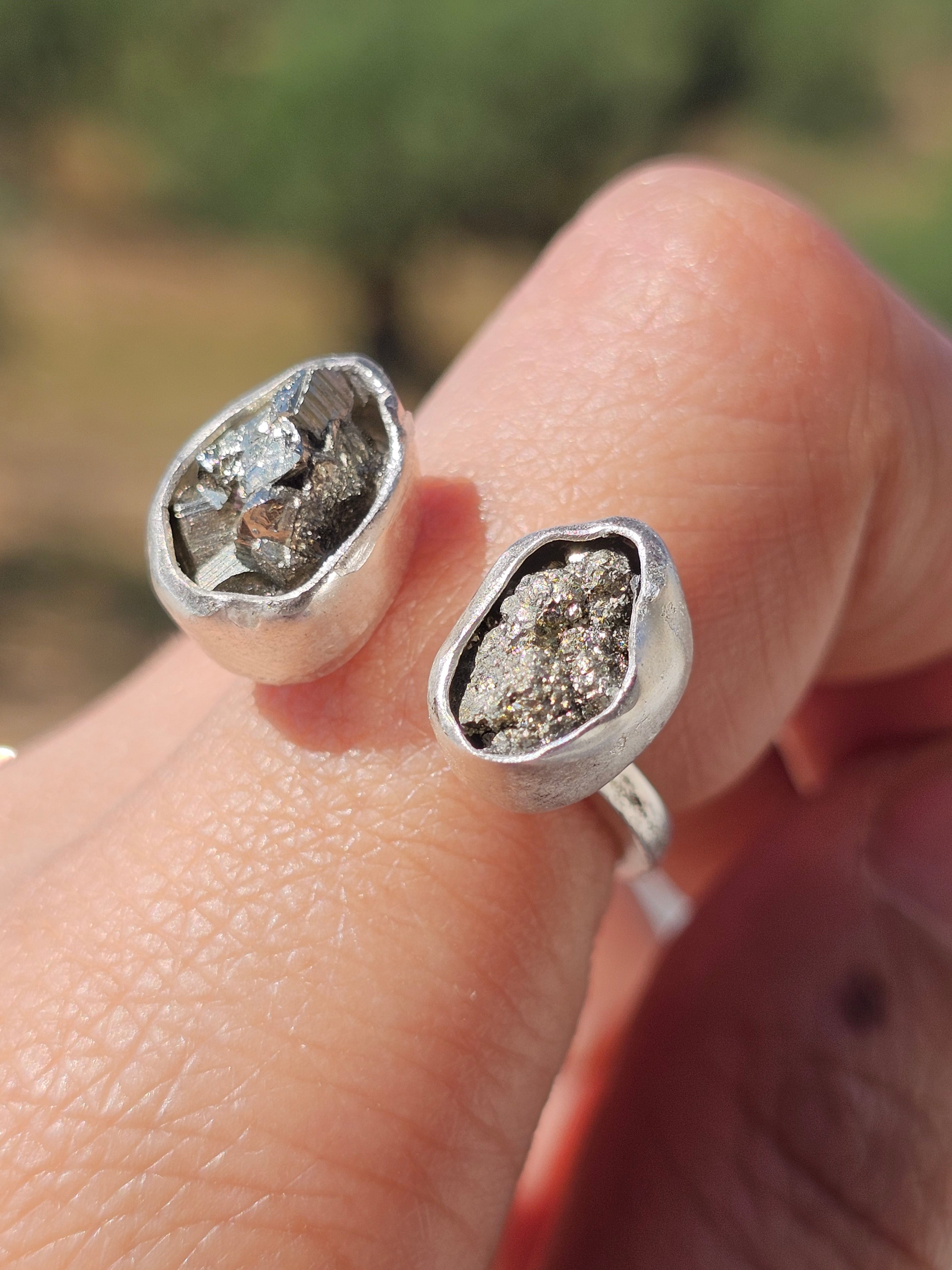 Bague Pyrite double ajustable en argent 925 massif