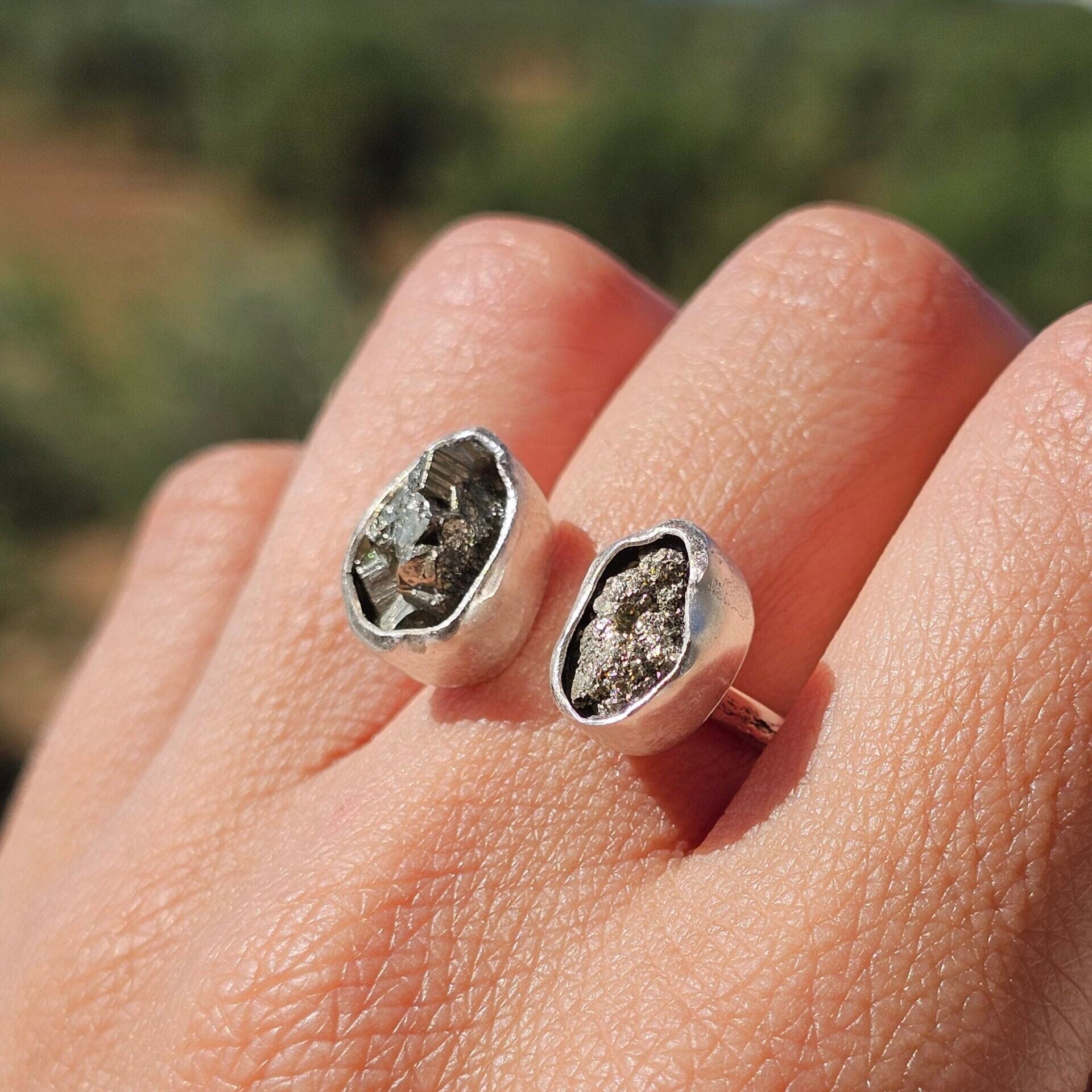 Bague Pyrite double ajustable en argent 925 massif