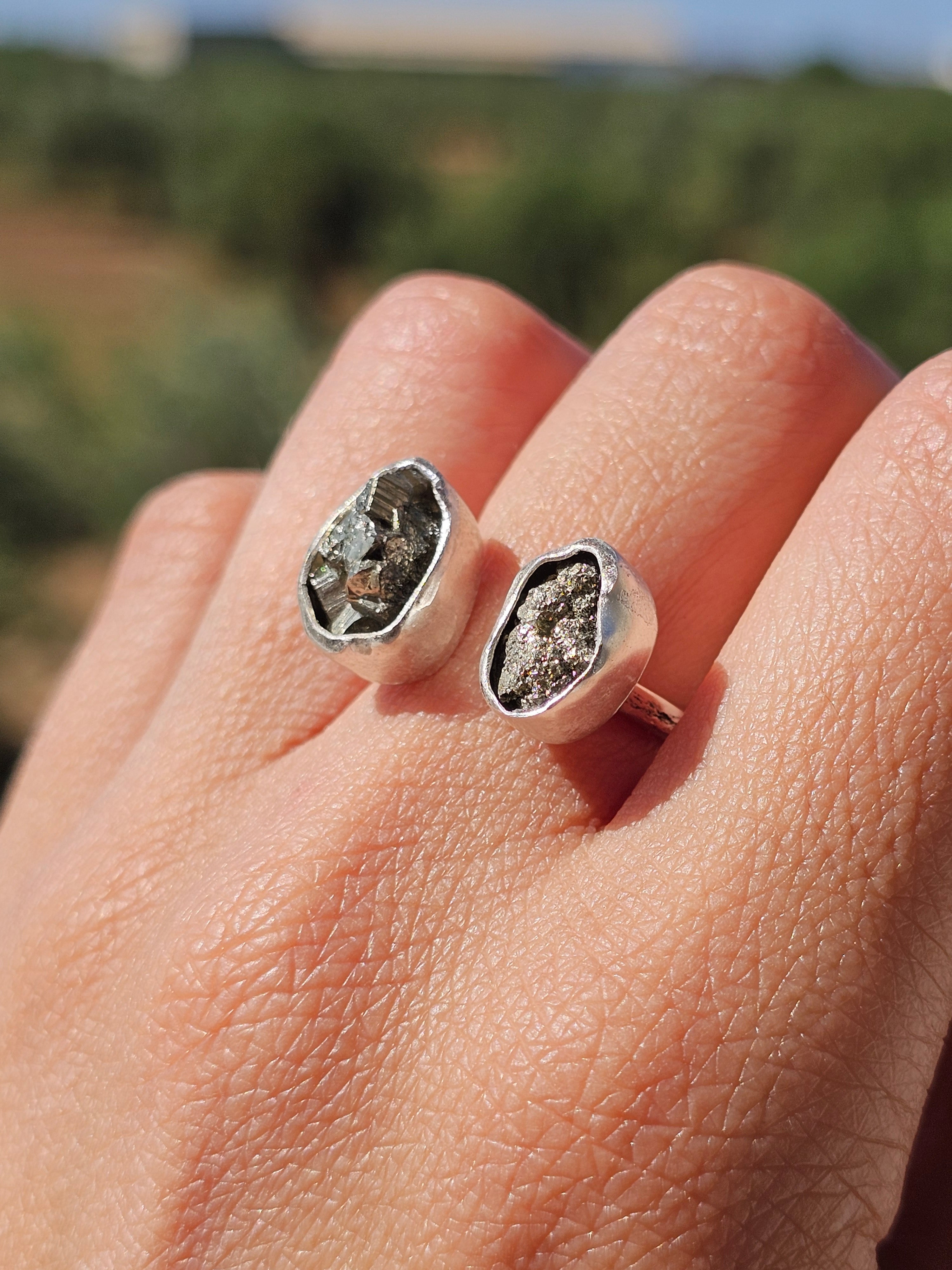 Bague Pyrite double ajustable en argent 925 massif