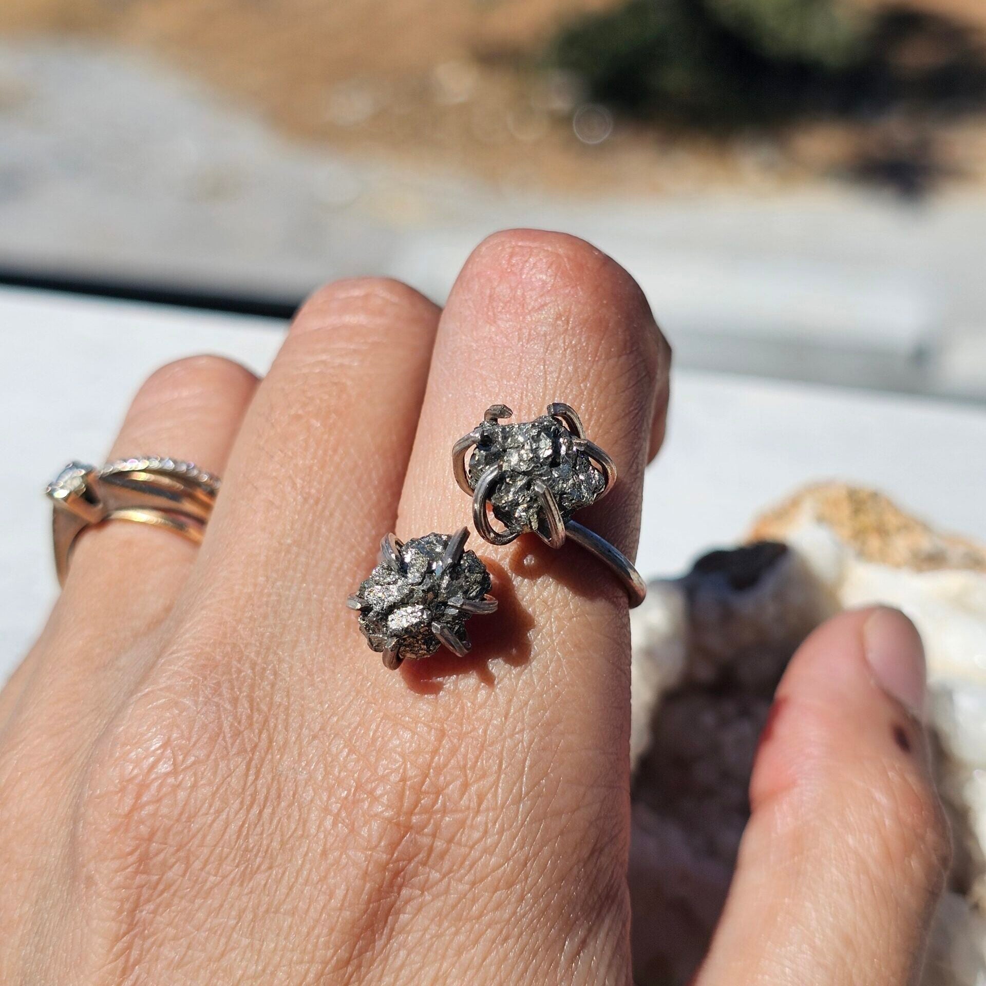 Bague à double pyrites en argent 925 (ajustable)