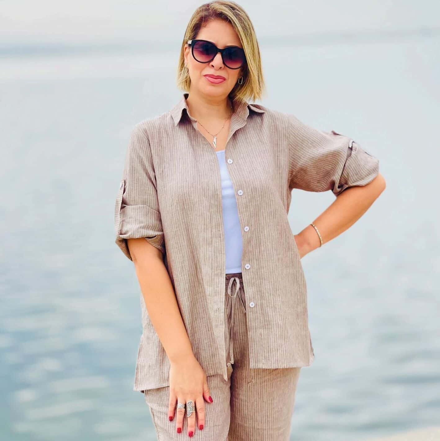 Set en lin marron à rayures blanches - Pantalon large et chemise ample