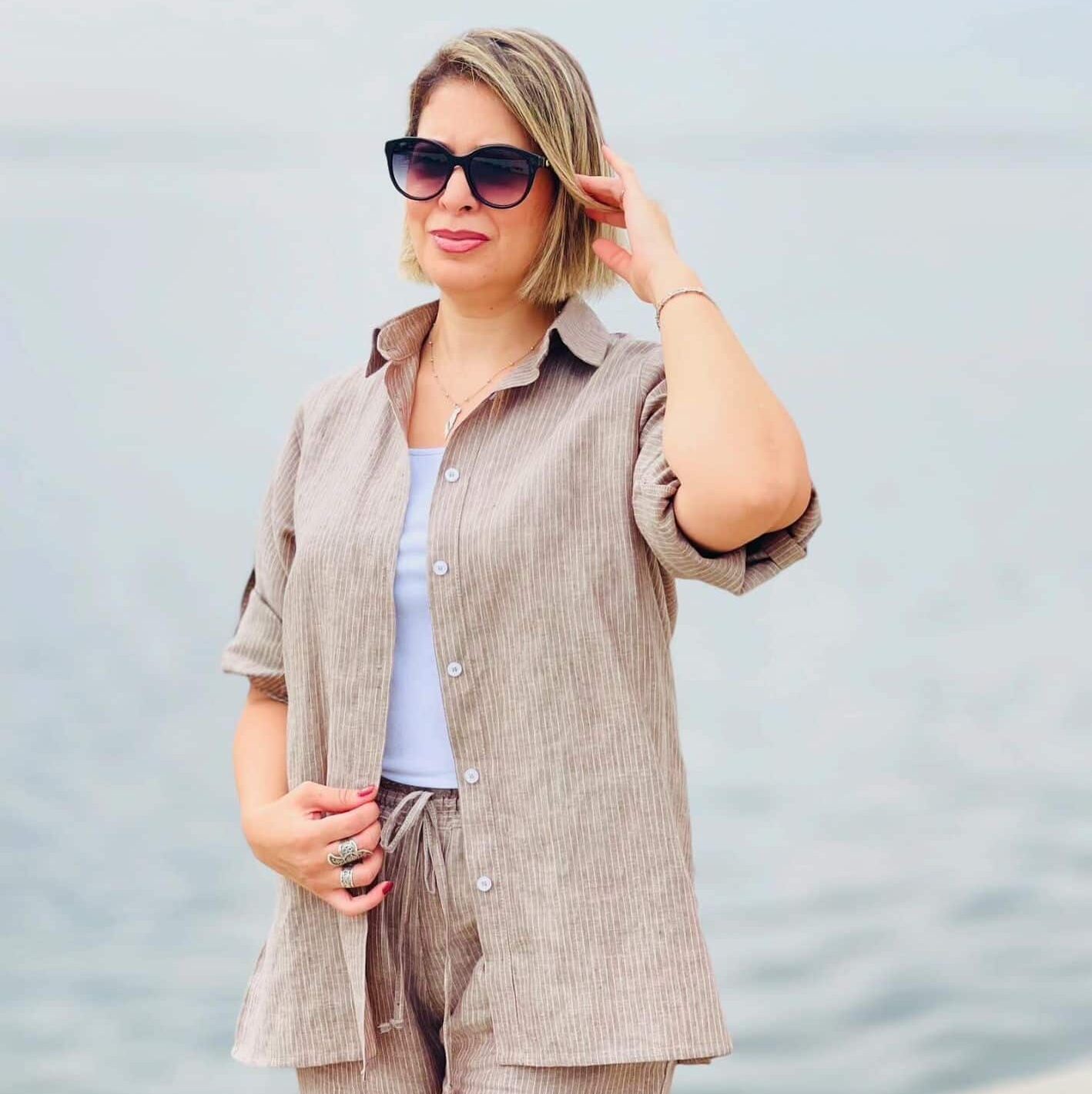 Set en lin marron à rayures blanches - Pantalon large et chemise ample