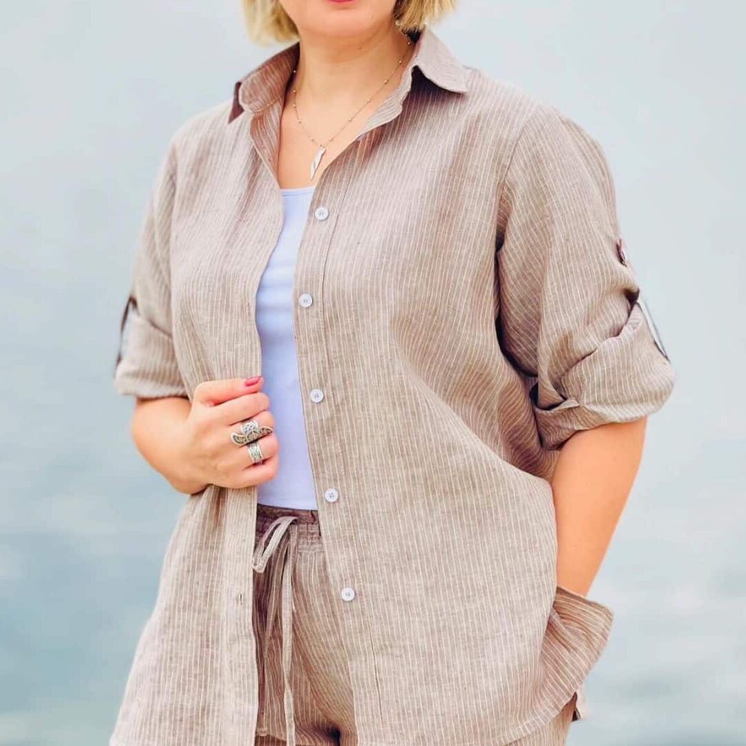 Set en lin marron à rayures blanches - Pantalon large et chemise ample