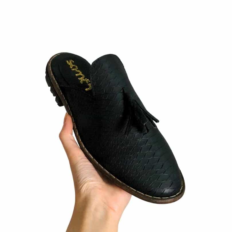 Babouche “Black Mamba” unisexe noir en cuir, balgha upcyclé