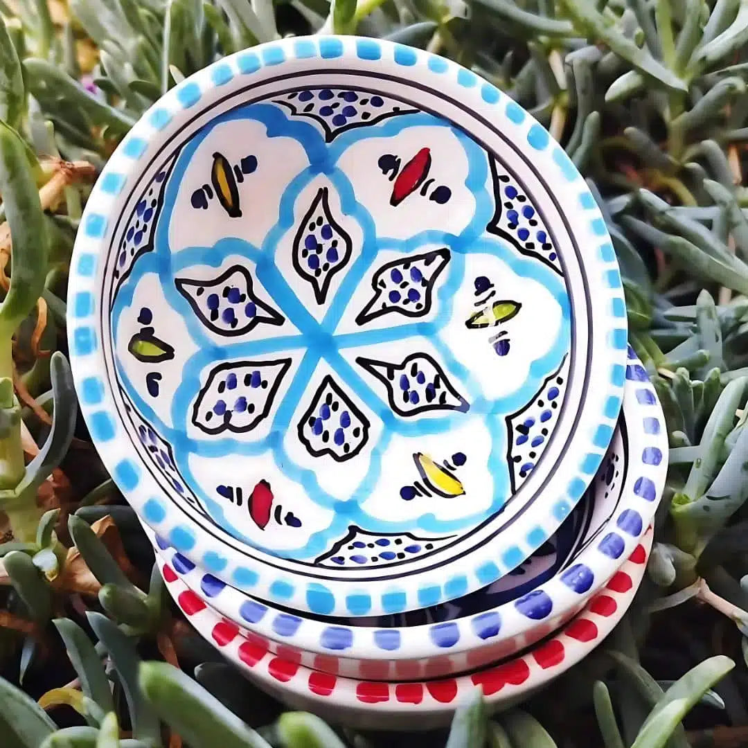 Bol en céramique artisanale – Rouge, Bleu, Turquoise (10cm)