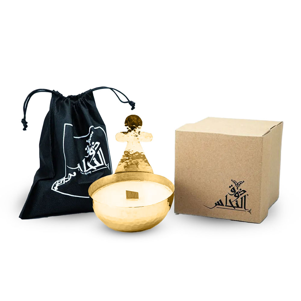Bougie Berbère artisanale en cuivre – 3 parfums : Jasmin Noir, Néroli, Citron (14 x 13.5 cm) – Motifs : Tanit / Khomsa / 7outa