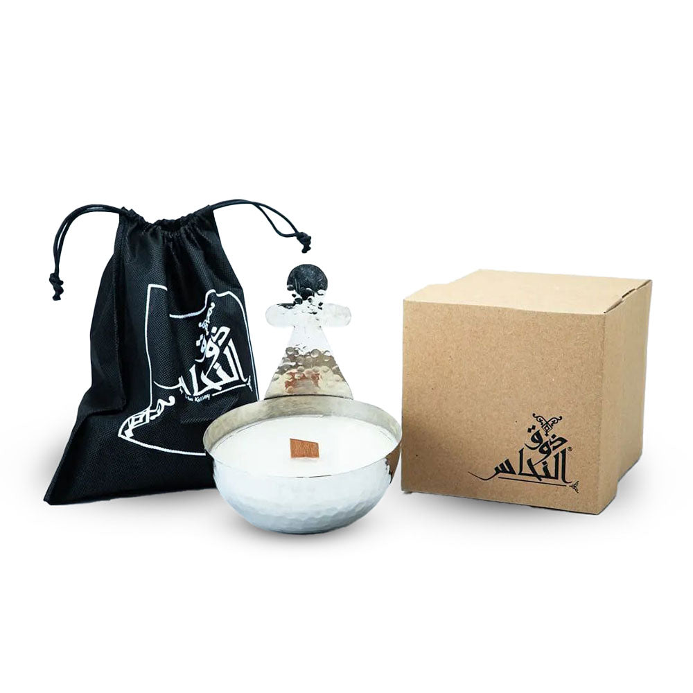 Bougie Berbère artisanale en cuivre – 3 parfums : Jasmin Noir, Néroli, Citron (14 x 13.5 cm) – Motifs : Tanit / Khomsa / 7outa
