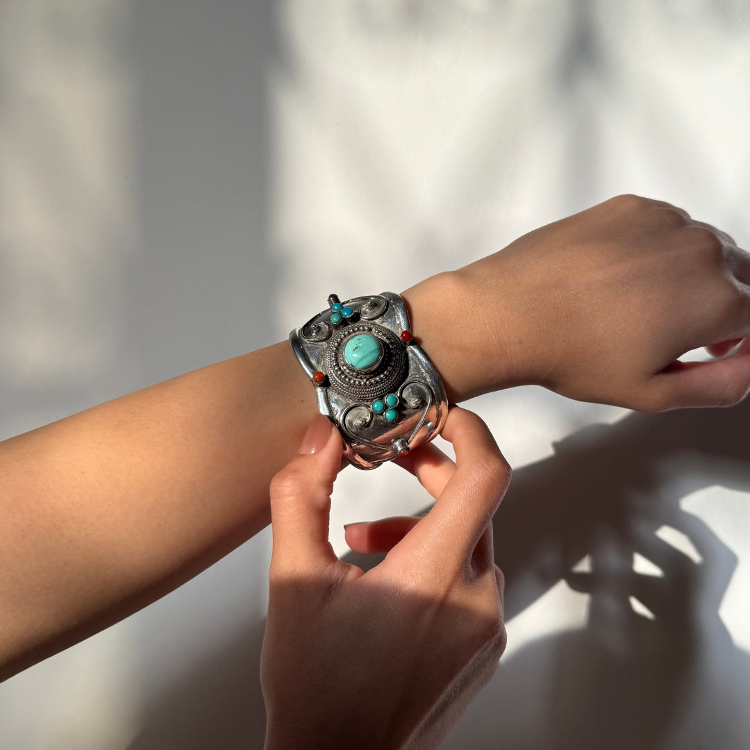 Bracelet Argent Turquoise et Corail, bracelet pour femme en argent et pierres naturelles