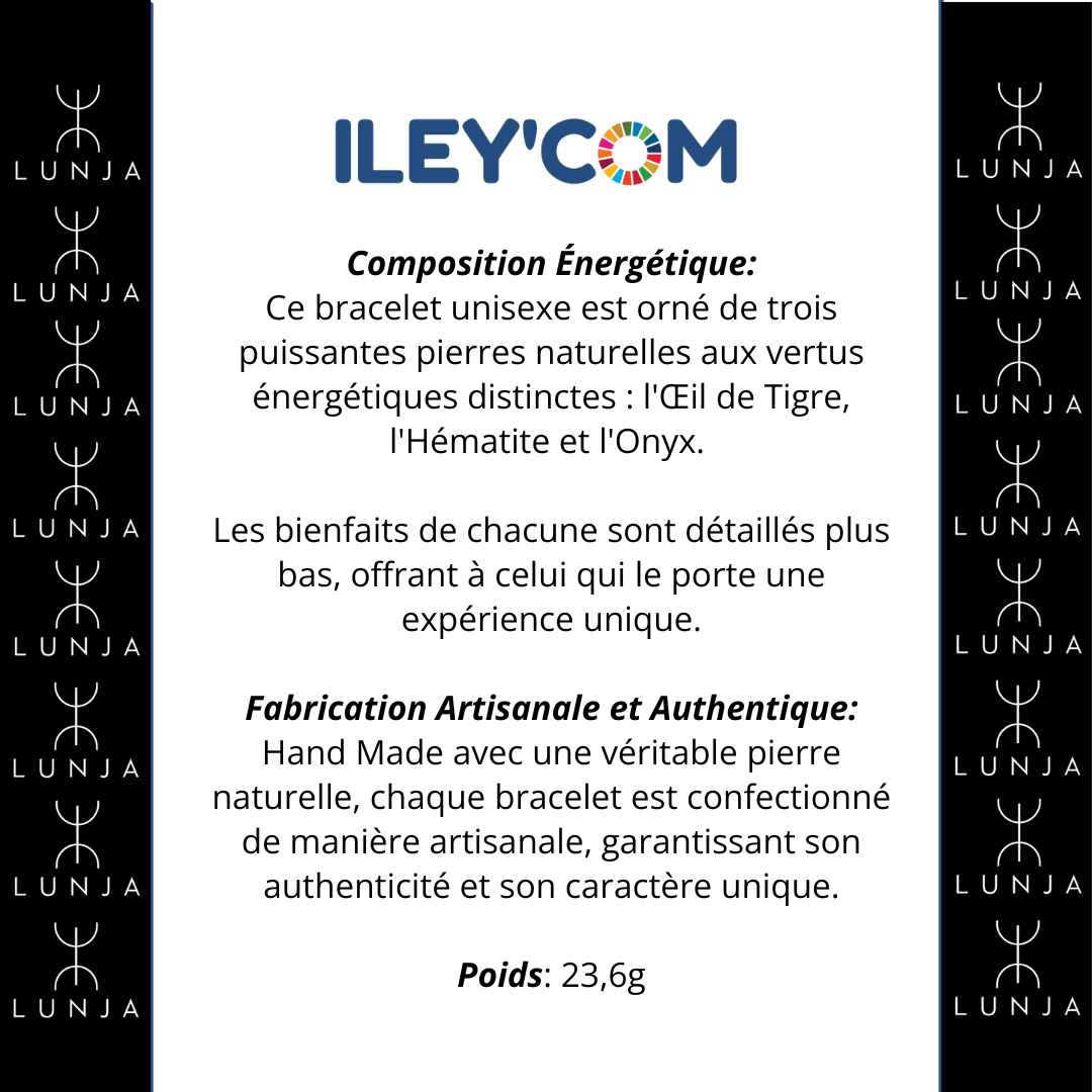 Bracelet unisexe en pierres énergétiques (Œil de Tigre, Hématite, Onyx)