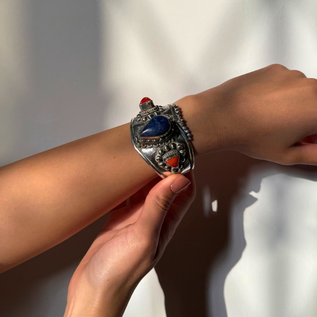 Bracelet Jonc Argent Lapis-lazuli et Corail