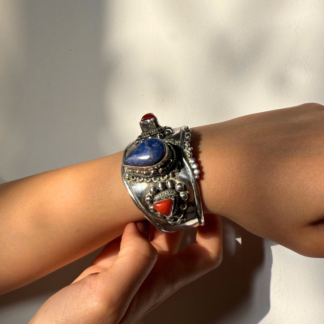 Bracelet Jonc Argent Lapis-lazuli et Corail