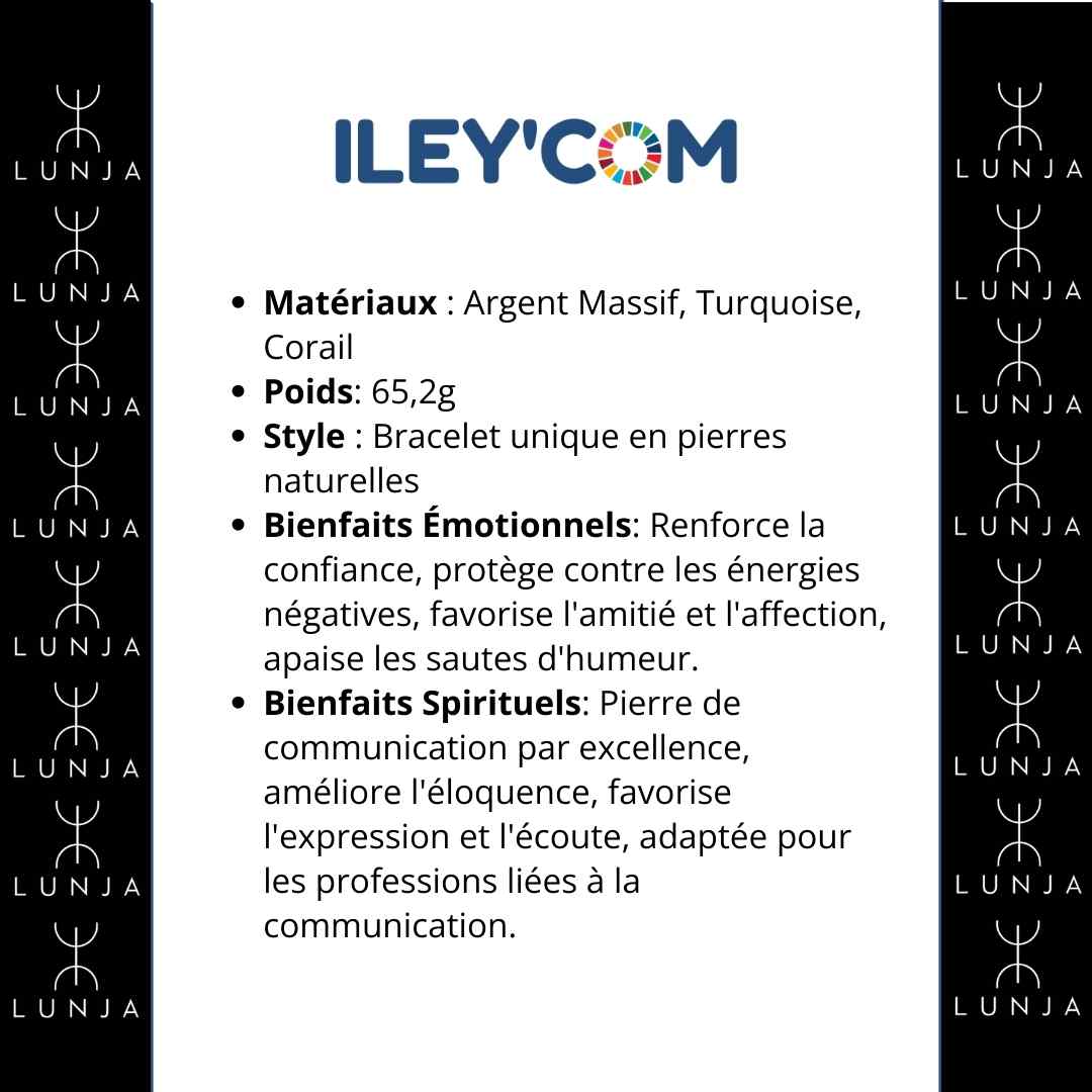 Bracelet Argent Turquoise et Corail, bracelet pour femme en argent et pierres naturelles