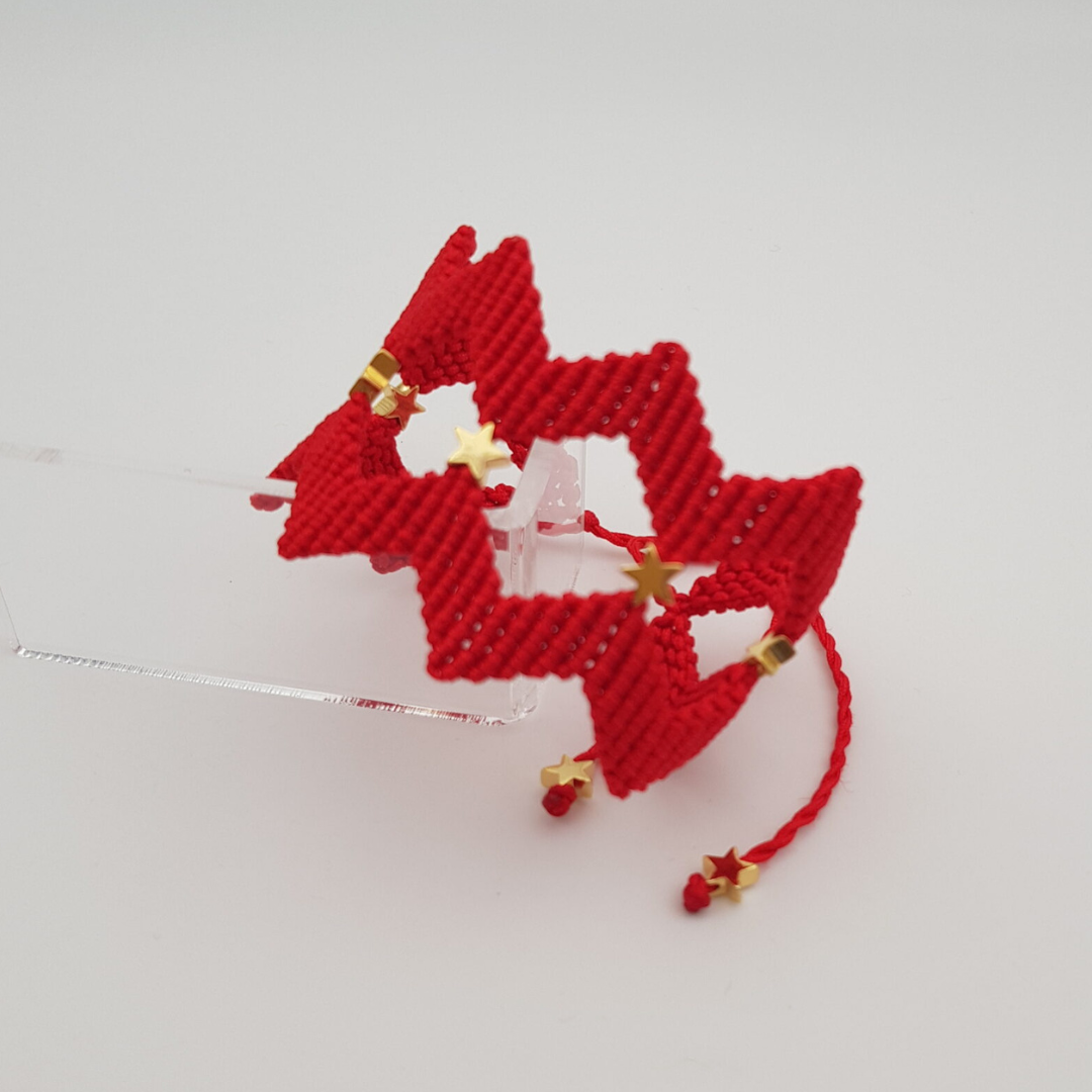 Bracelet manchette en micro-macramé zigzag rouge et or