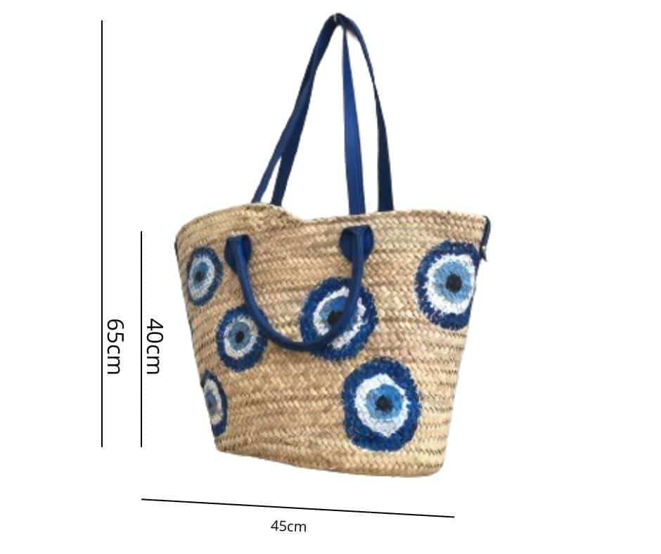 Couffin sac de plage en paille, anses en cuir et motifs bleus