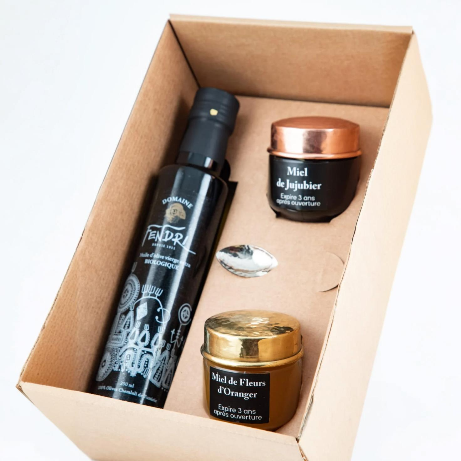 Coffret huile d’olive bio & accessoires en cuivre artisanal