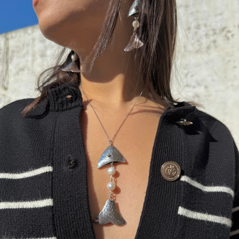 Collier en argent 850 avec pendentif poisson et perle