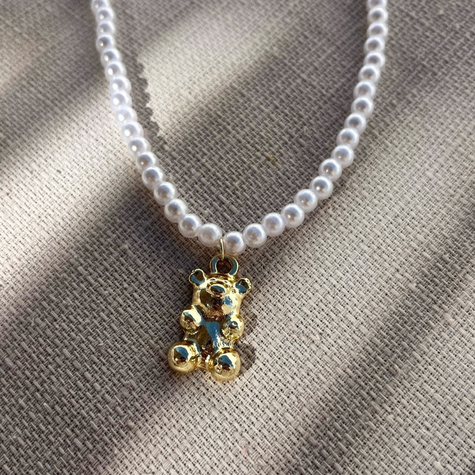 Collier en acier inoxydable avec perles blanches unisexe avec motif nounours