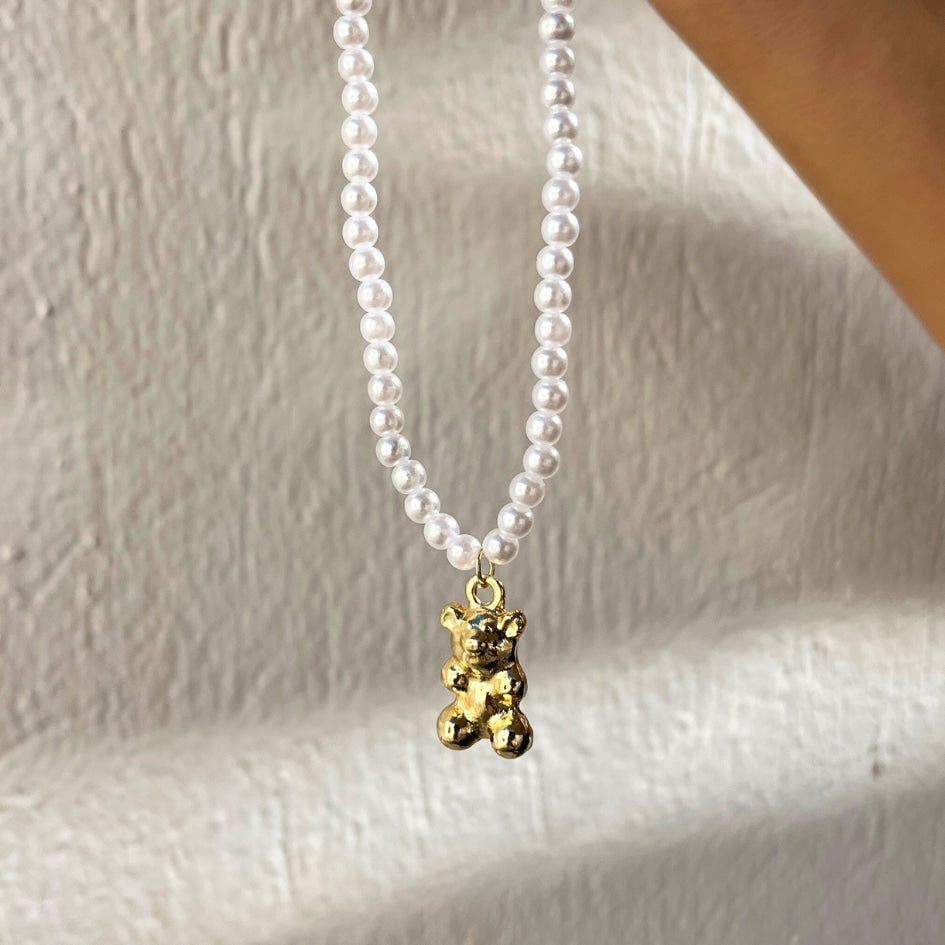 Collier en acier inoxydable avec perles blanches unisexe avec motif nounours