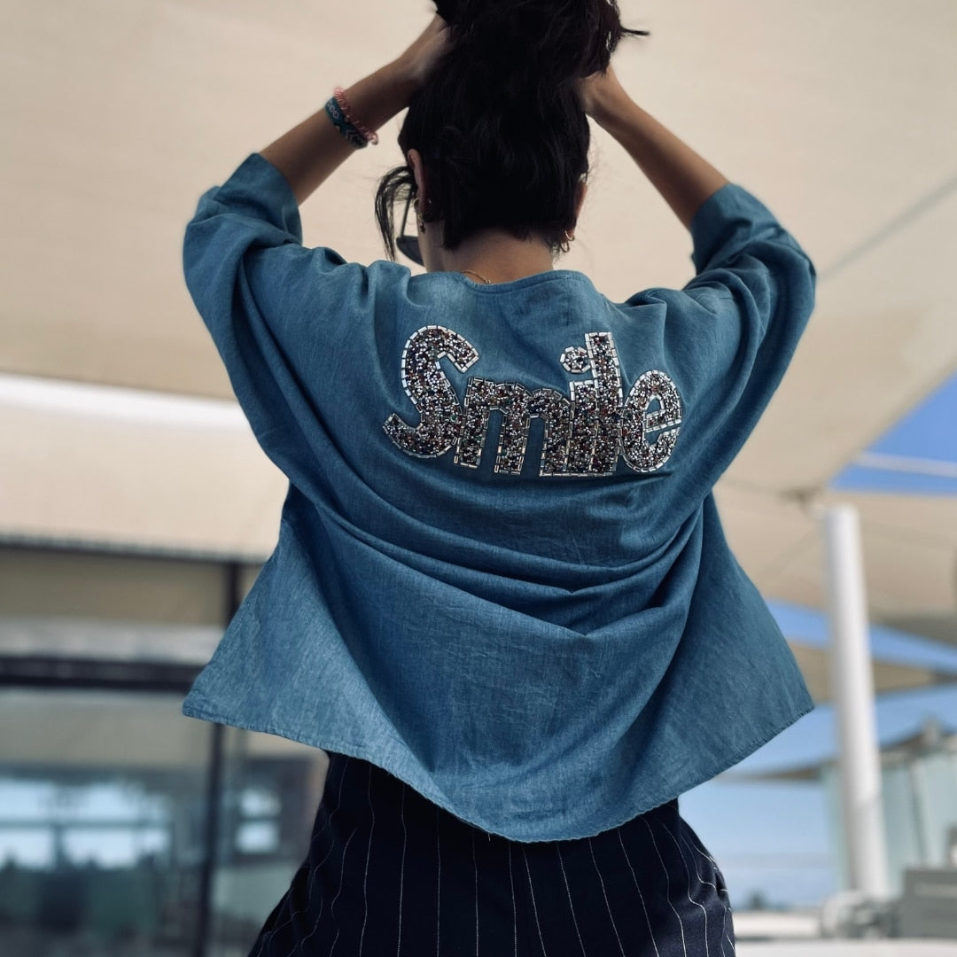 Chemise SMILE en denim léger avec strass