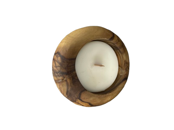 Pack décorative avec sous plat forme poisson, bougeoir en bois d'olivier et grenade en céramique