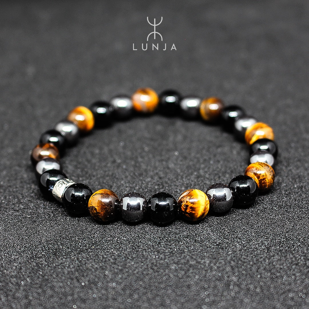 Bracelet unisexe en pierres énergétiques (Œil de Tigre, Hématite, Onyx)