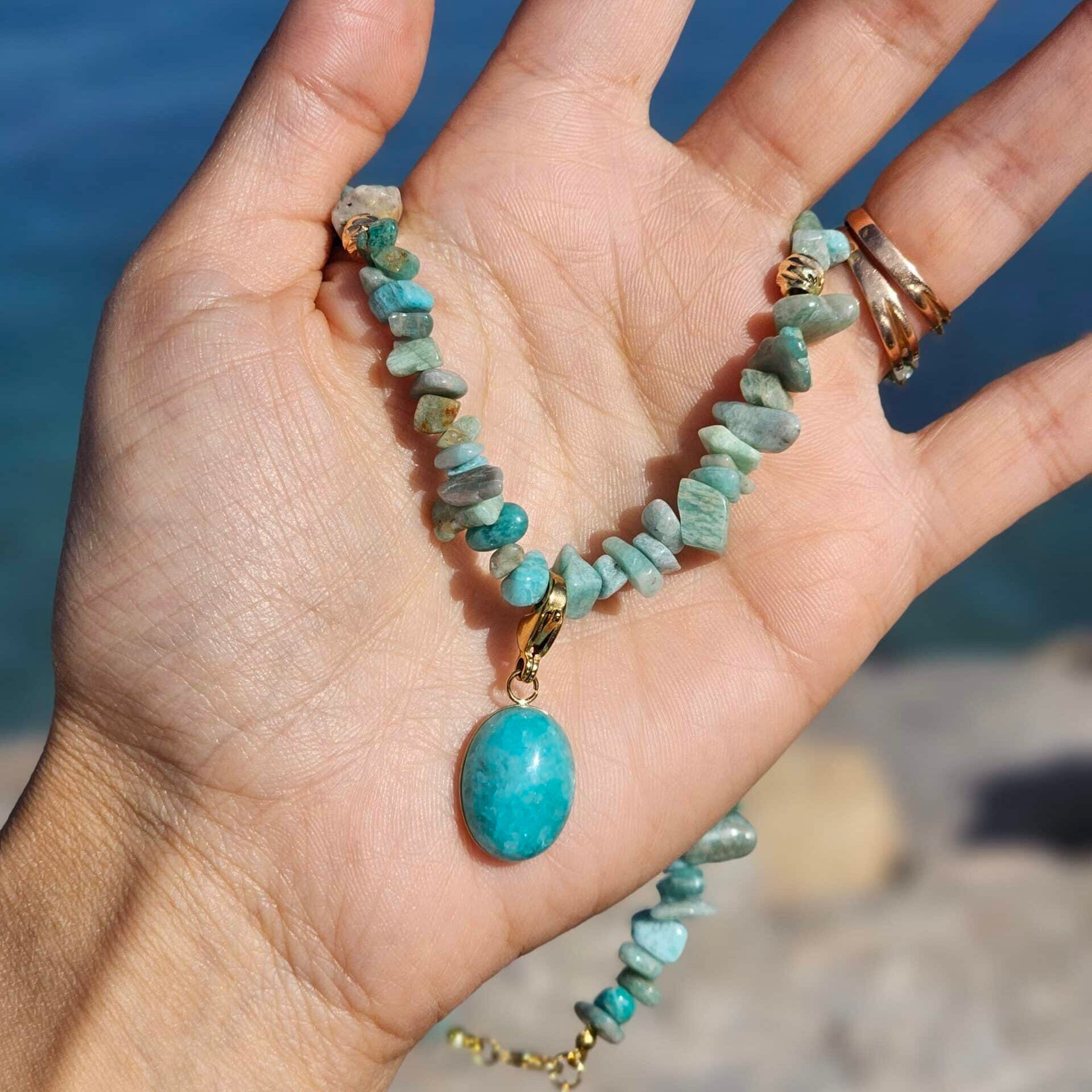 Collier en amazonite naturelle avec pendentif amazonite (45 cm + 5 cm d’extension)