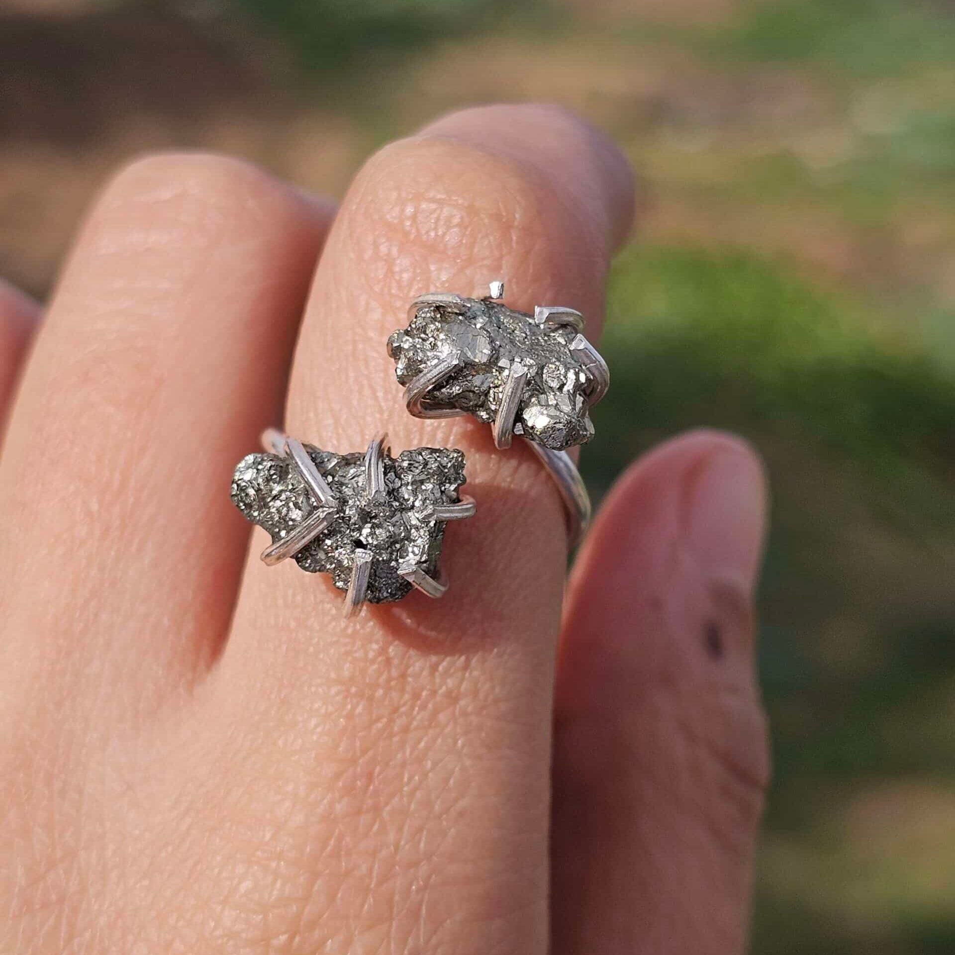 Bague ajustable en argent 925 avec double pyrite