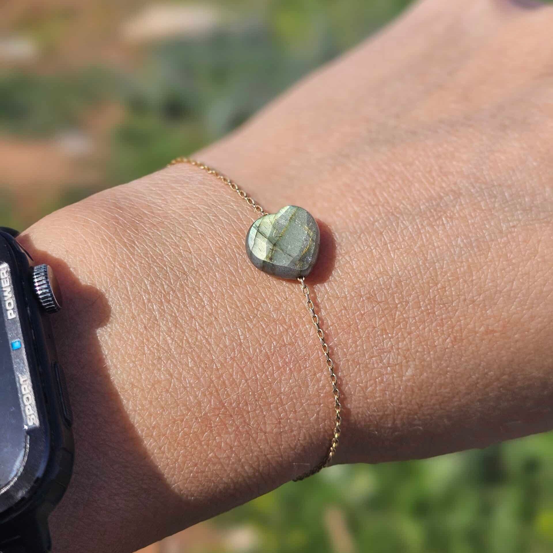 Bracelet en argent 925 plaqué en or 18 karats avec cœur Labradorite (18-23cm)