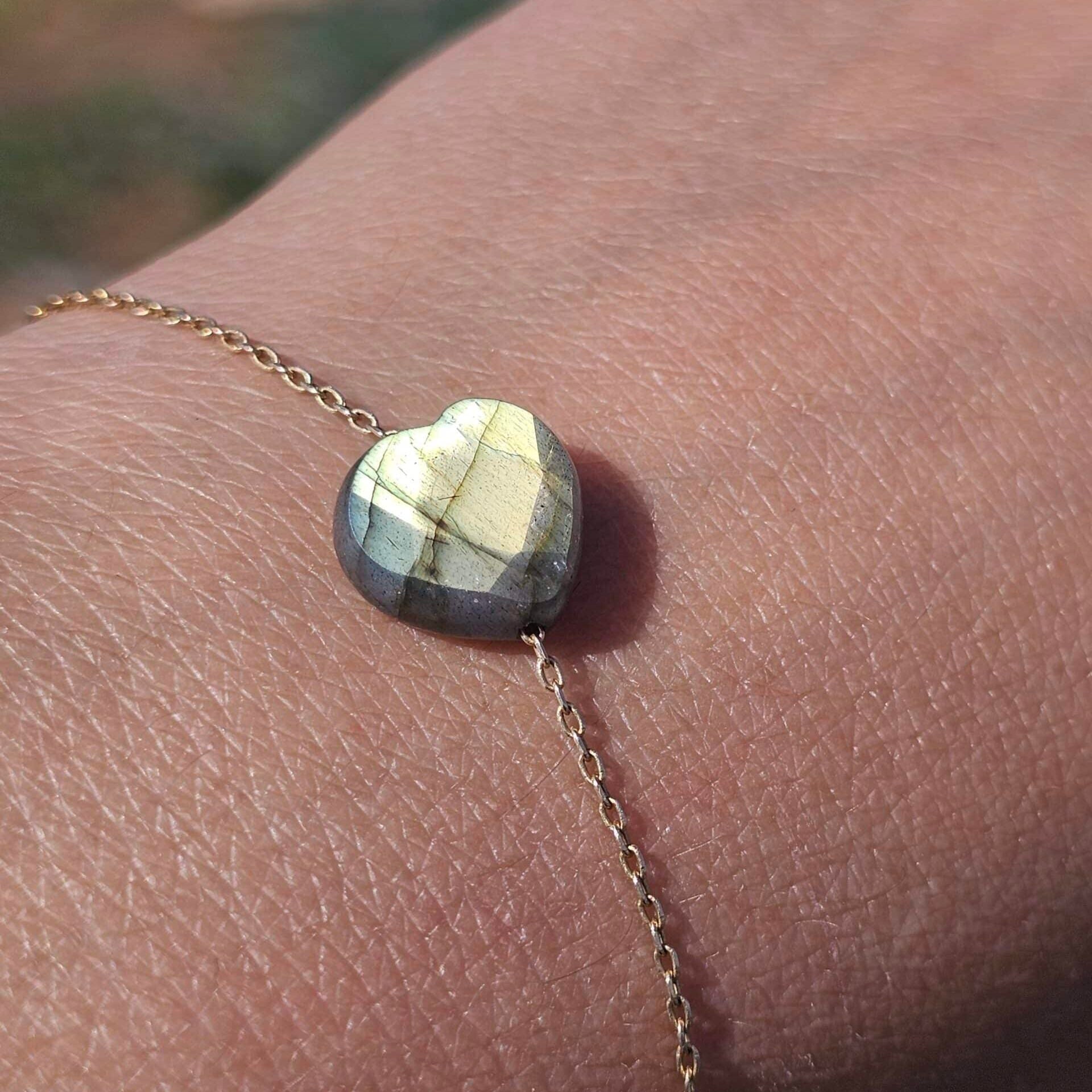 Bracelet en argent 925 plaqué en or 18 karats avec cœur Labradorite (18-23cm)