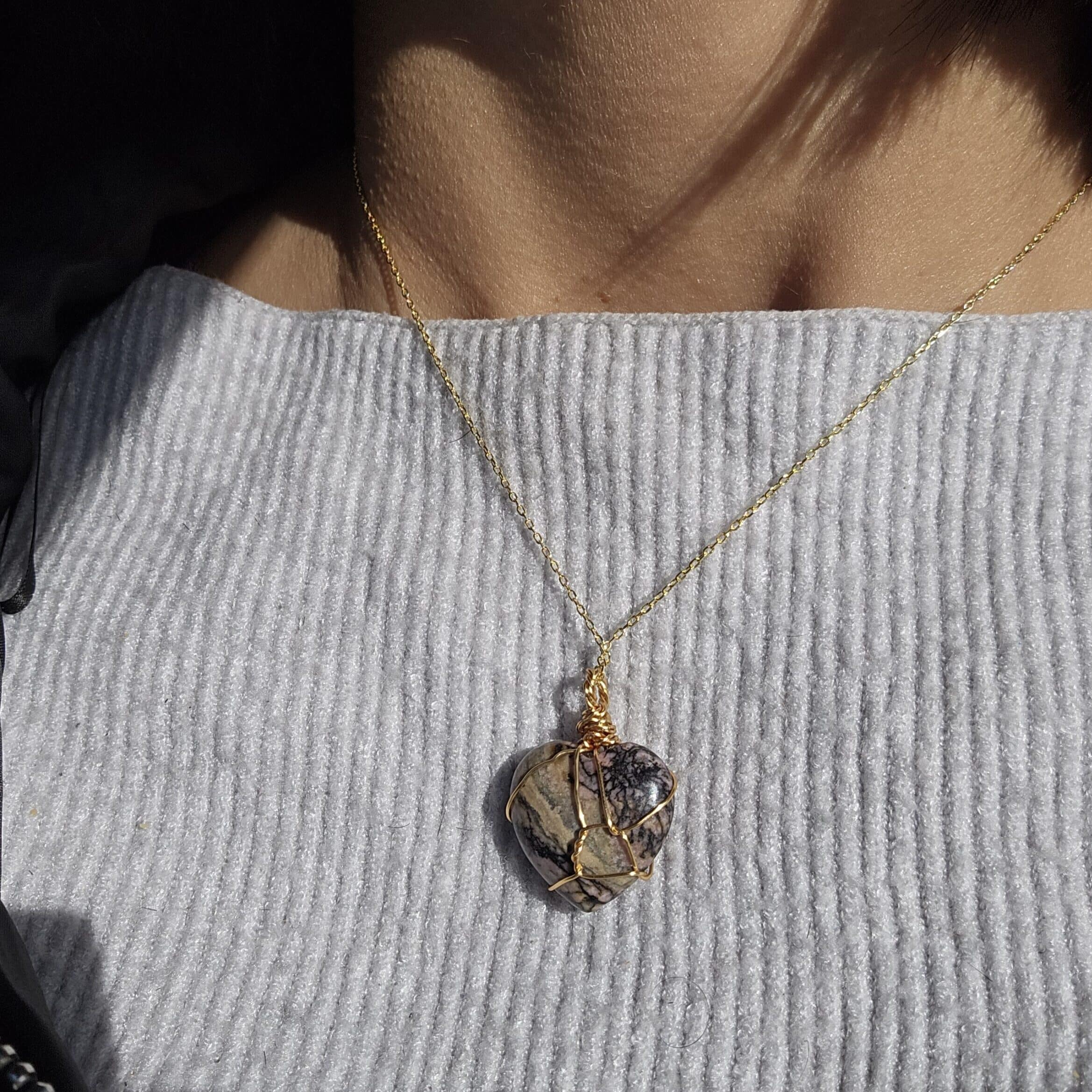 Collier en argent 925 plaqué en or avec pendentif cœur en Rhodonite (45 cm)
