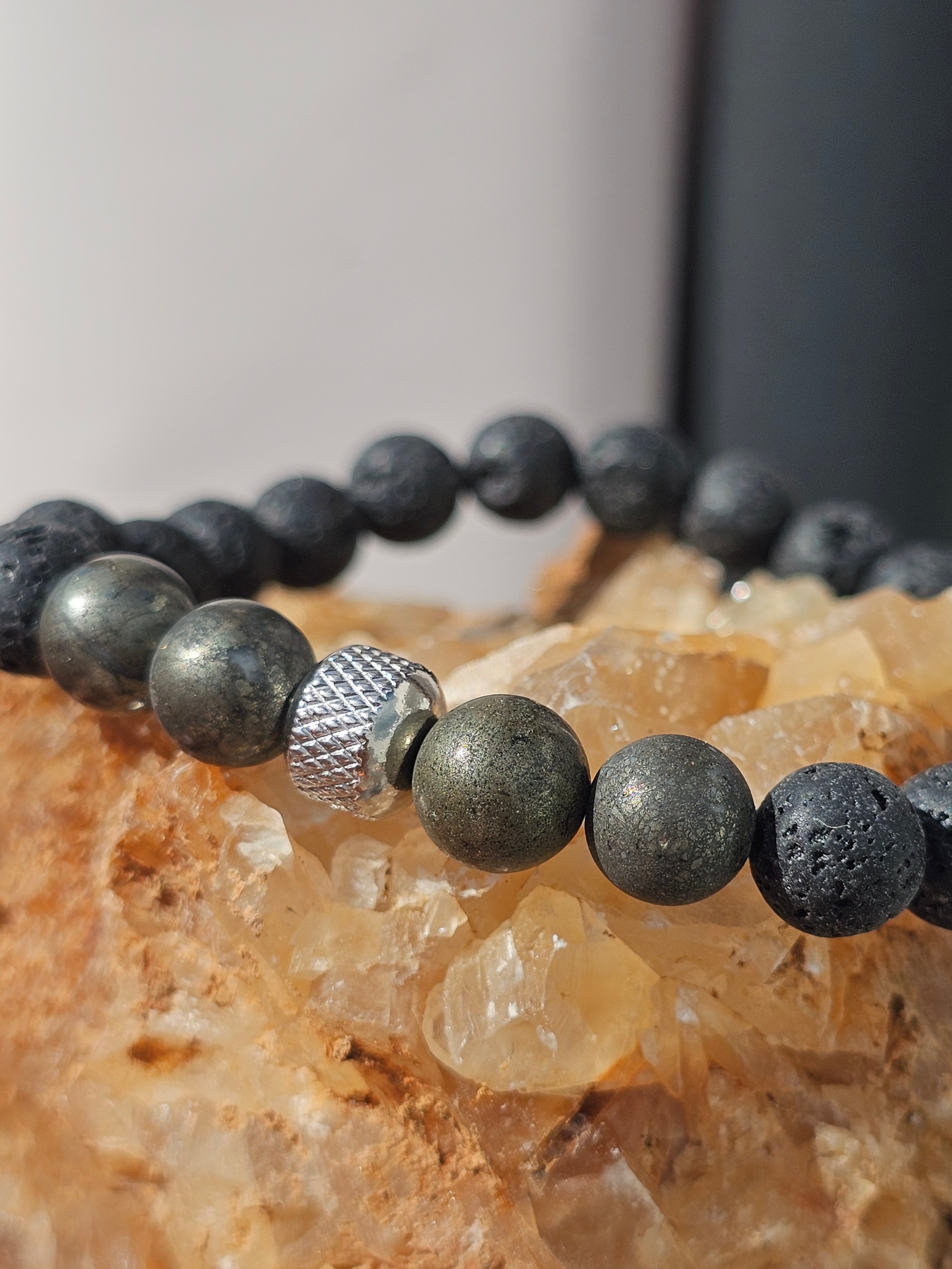Bracelet élastique en pyrites et pierres volcaniques naturelles pour homme (taille standard)