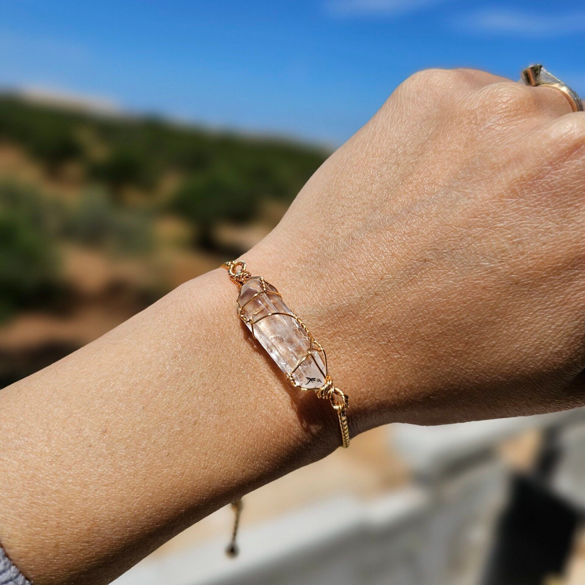 Bracelet Clear Quartz brut ajustable – Acier inoxydable