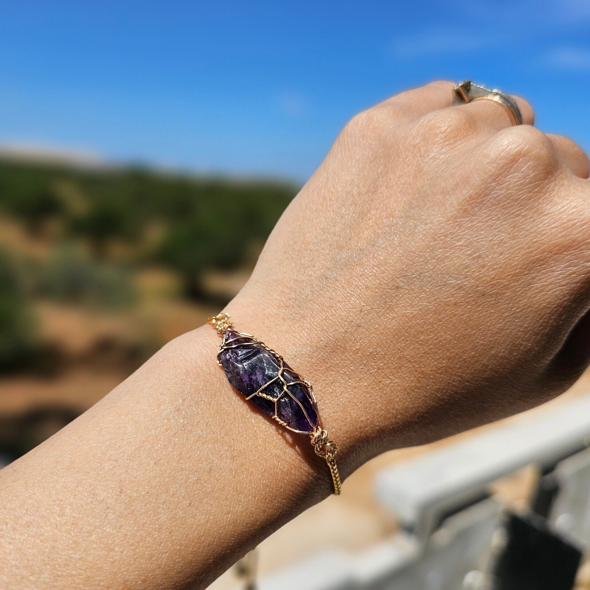 Bracelet Améthyste brute ajustable – Acier inoxydable
