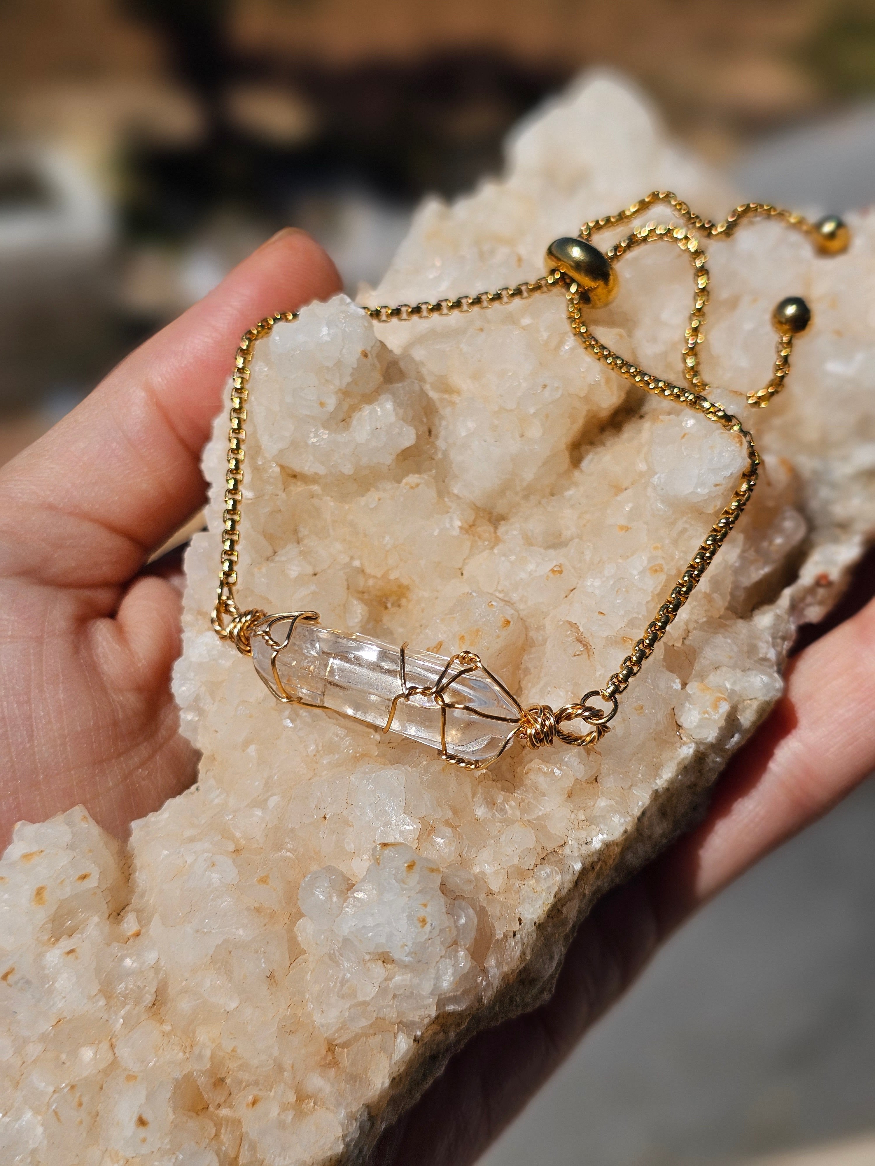 Bracelet Clear Quartz brut ajustable – Acier inoxydable