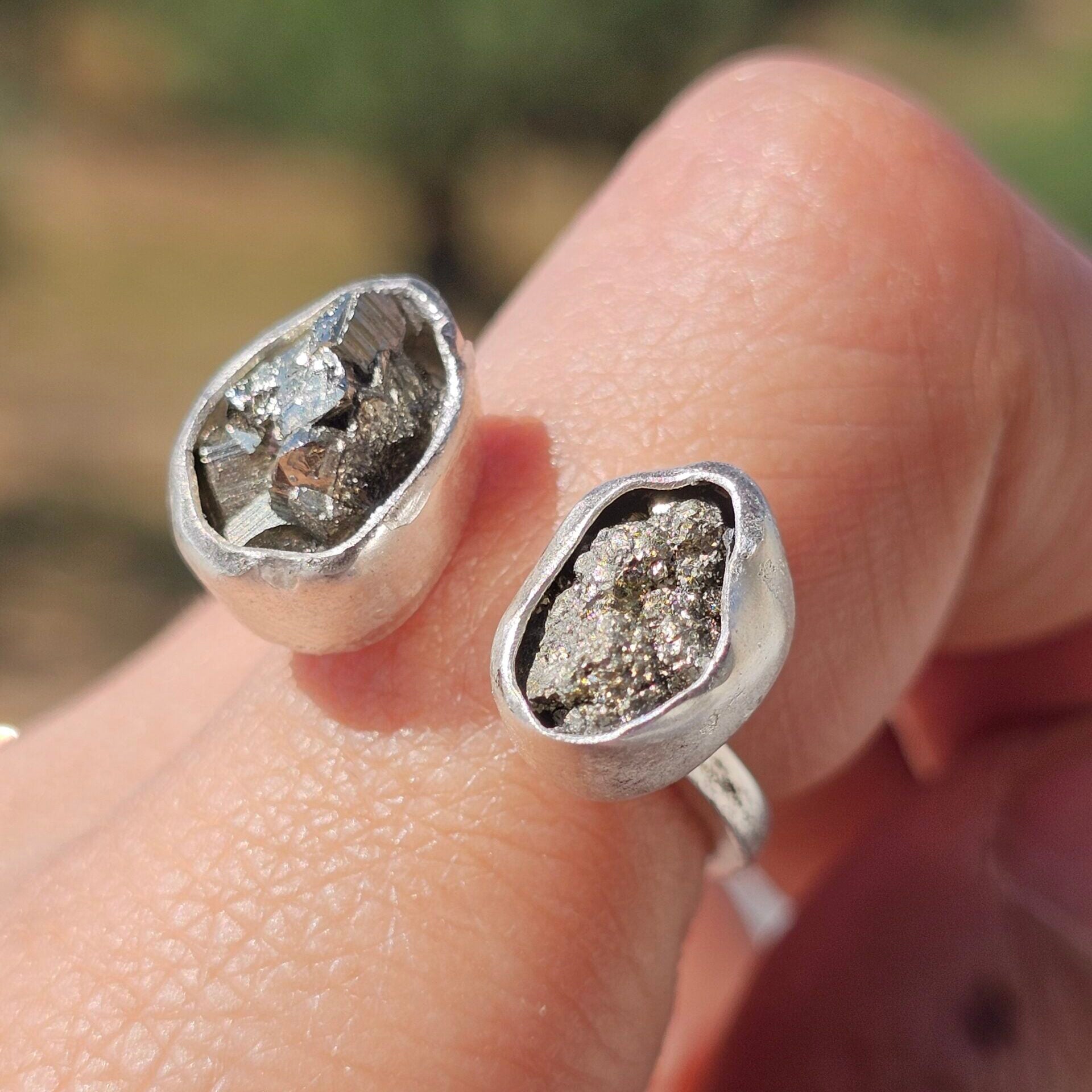Bague Pyrite double ajustable en argent 925 massif