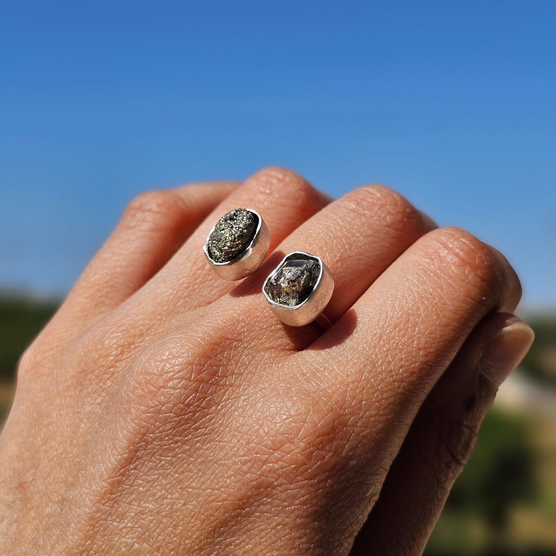 Bague double Pyrites ajustable en argent 925